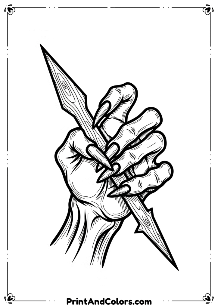 Creepy hand holding a sharp wooden stake, Halloween-themed black-and-white horror outline.