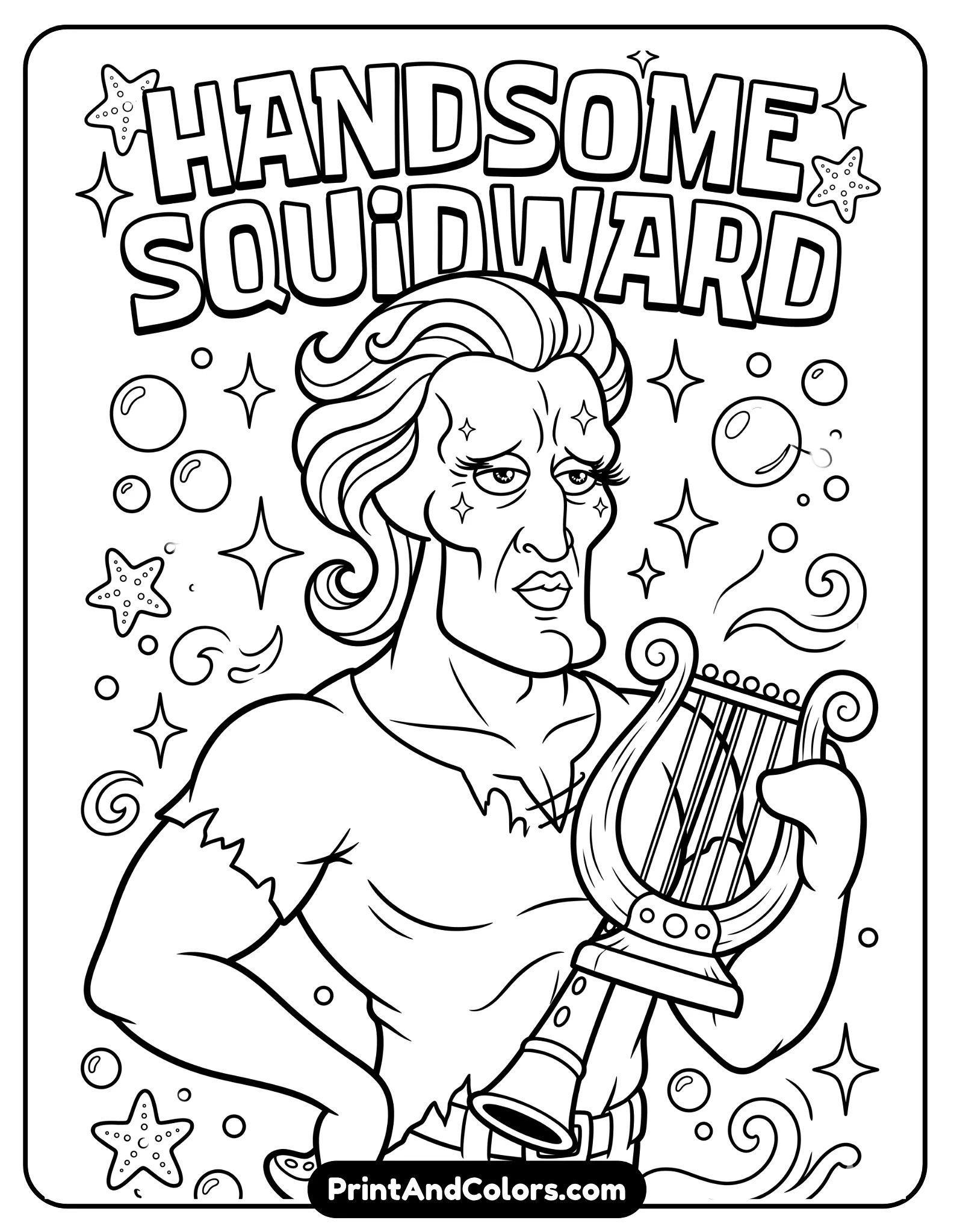Detailed black and white line art of Handsome Squidward meme face with exaggerated handsome features, dramatic pose, cartoon background with bubbles and sparkles, printable coloring sheet style, clean outlines and humorous meme-inspired artwork