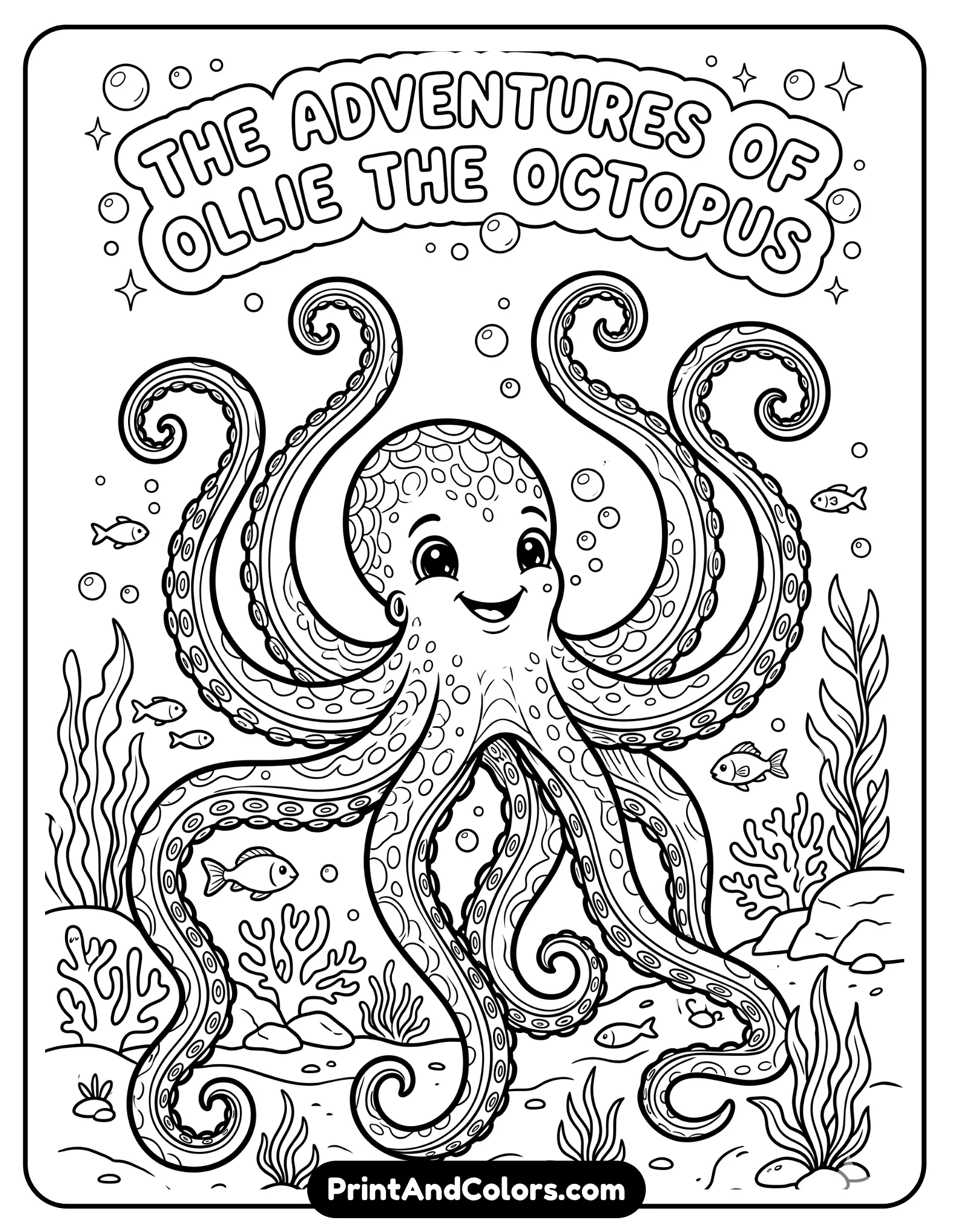 Black and white illustration of an octopus with long tentacles spread out, expressive eyes, and simple aquarium-style background. Bold outlines, moderate detail