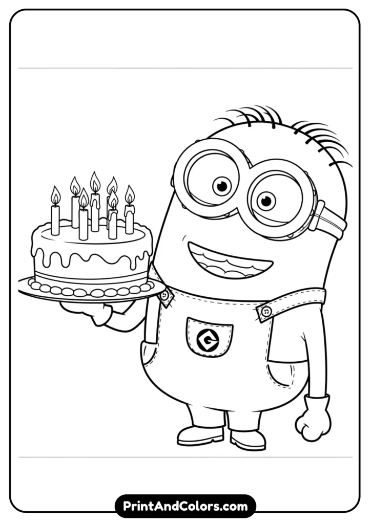 Minion Bob holding a birthday cake with candles, smiling happily, outlined in black and white for kids’ coloring.