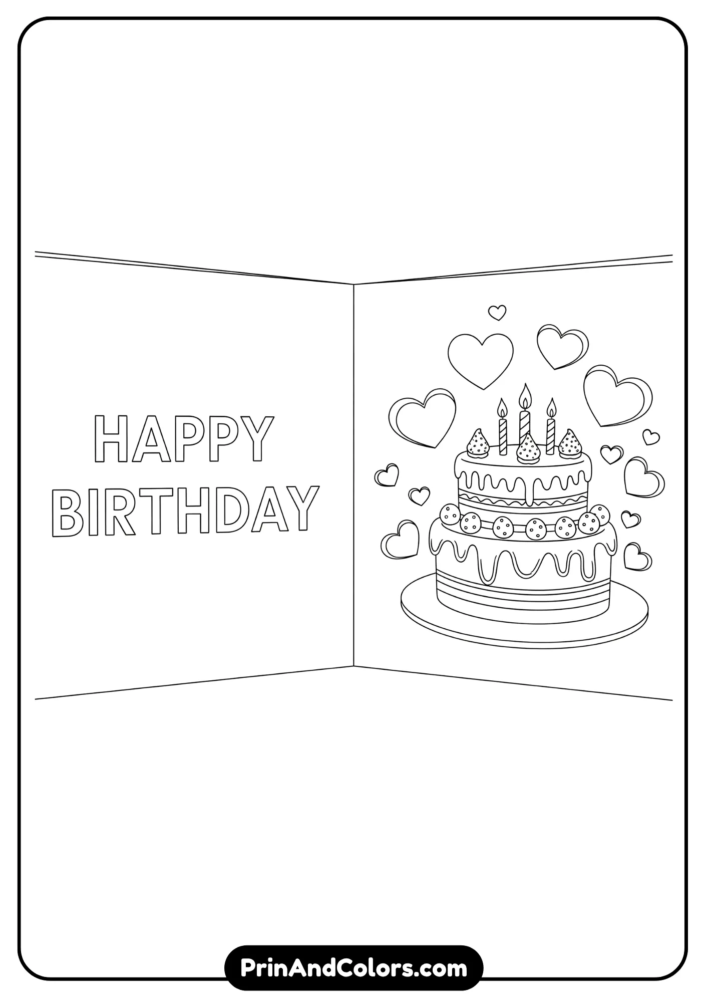 Printable birthday card coloring page with foldable design.