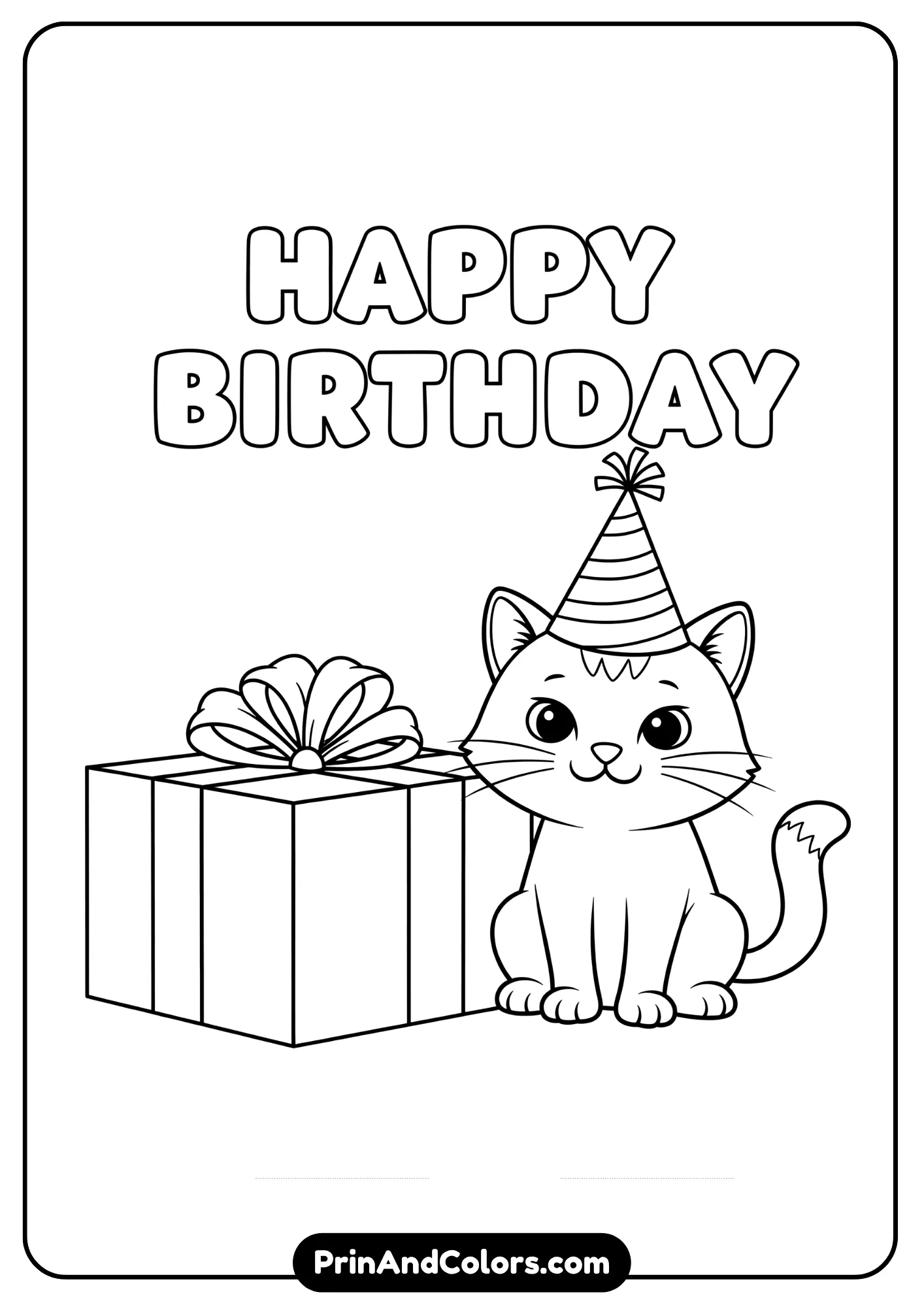 Birthday coloring page with cartoon cat and gift.