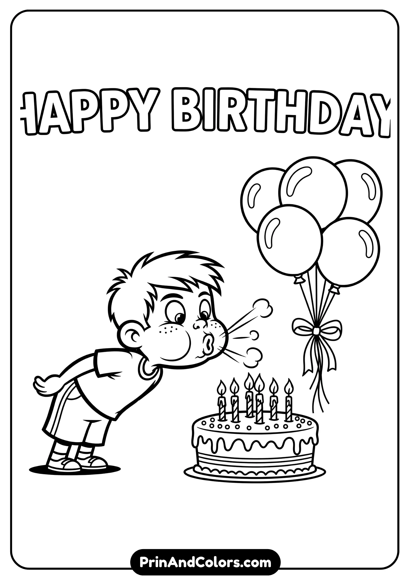 Birthday coloring sheet for boys with cake and balloons.