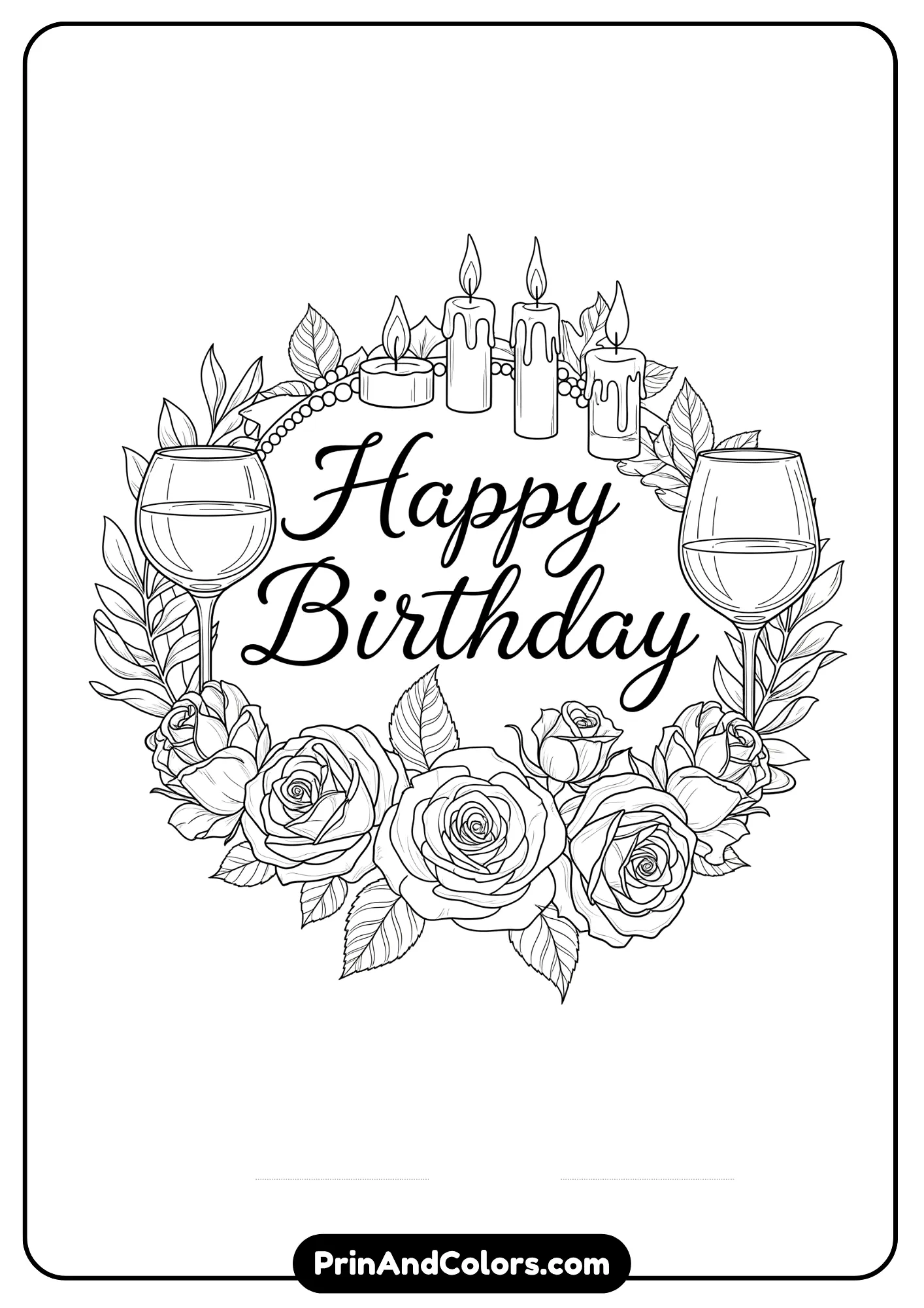 Sophisticated Happy Birthday coloring page with floral and adult details.
