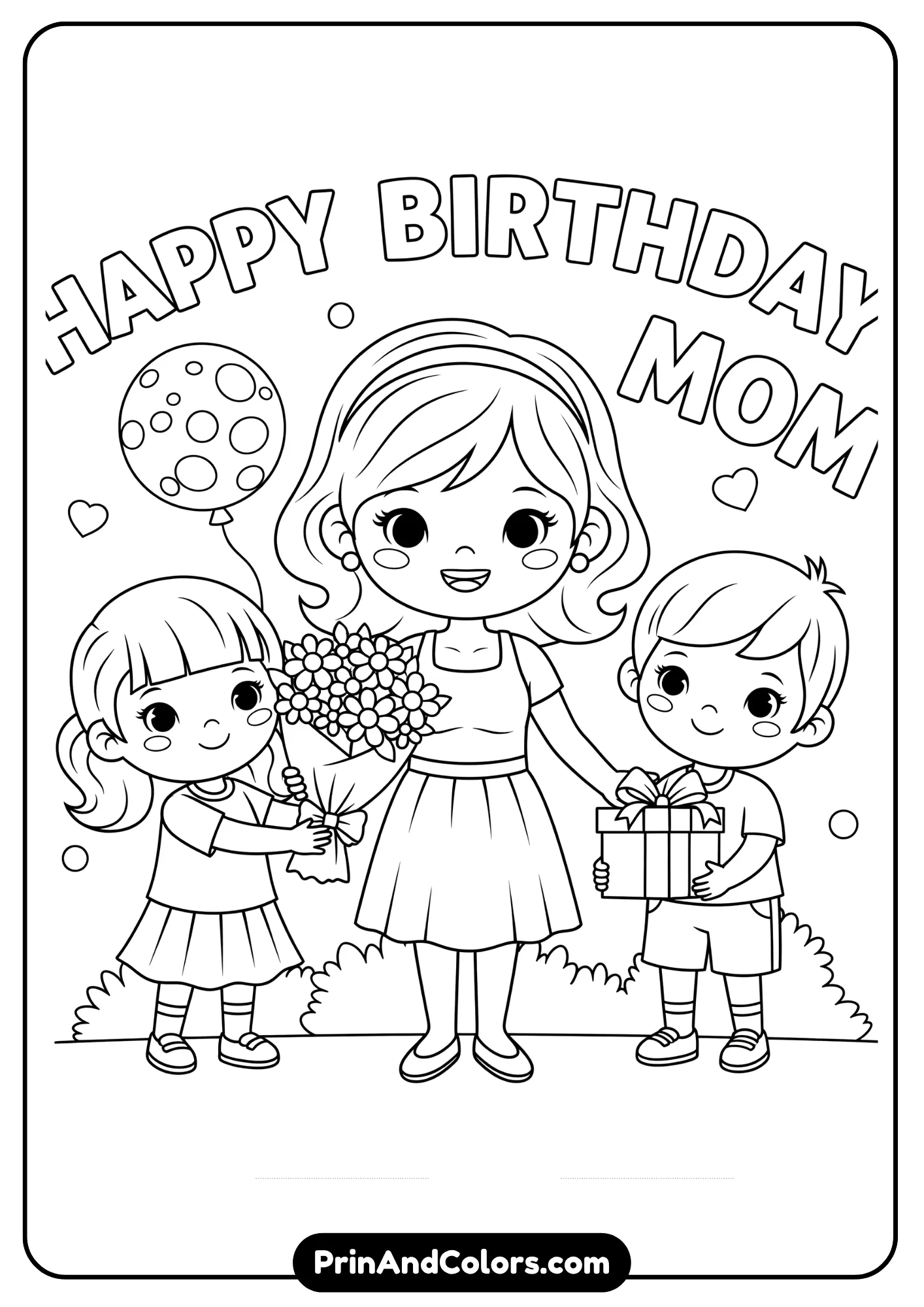 Happy Birthday Mom coloring page with flowers, gifts, and smiling kids