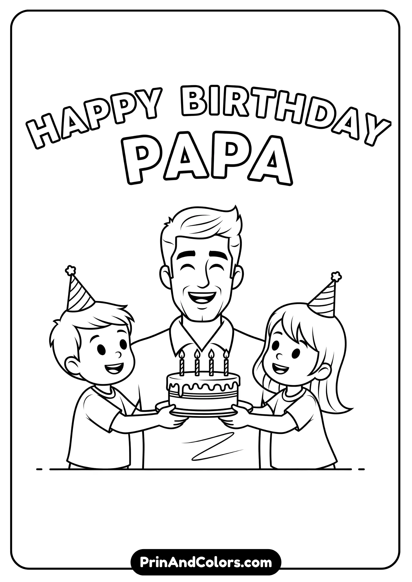 Coloring page of Papa with kids and birthday cake.