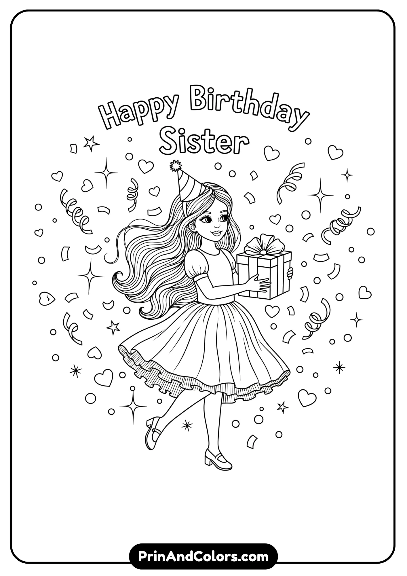 Cute birthday coloring page for sister with gifts, hearts, and party theme. Happy Birthday Sister Coloring Pages.