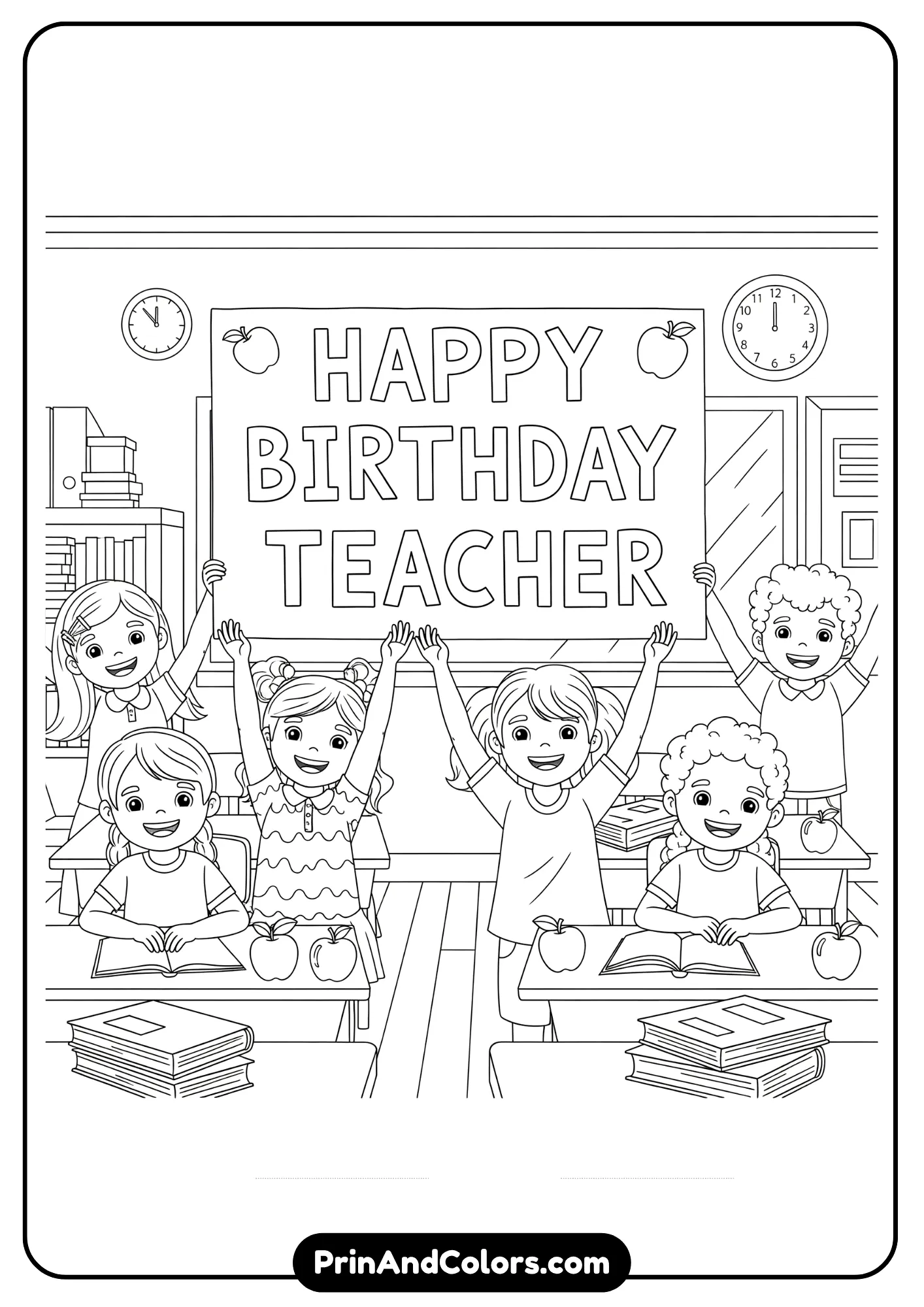 Classroom coloring page celebrating teacher’s birthday.

