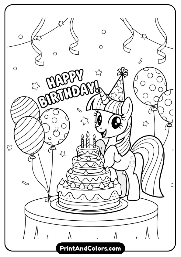 Design a black and white coloring sheet of Twilight Sparkle celebrating birthday with cake, balloons, and party hat. Cheerful scene, bold outlines, no color.