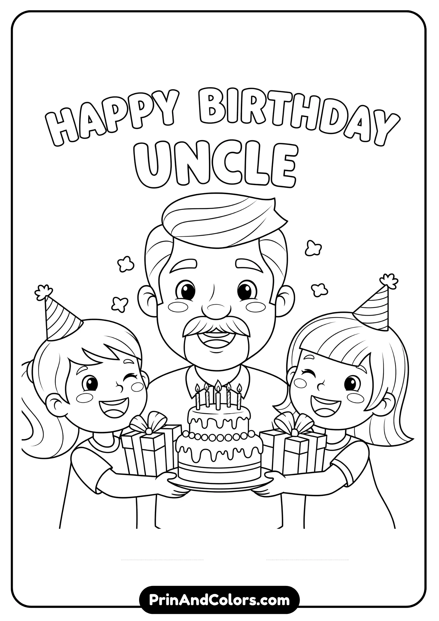 Birthday coloring page for uncle with cake and kids.