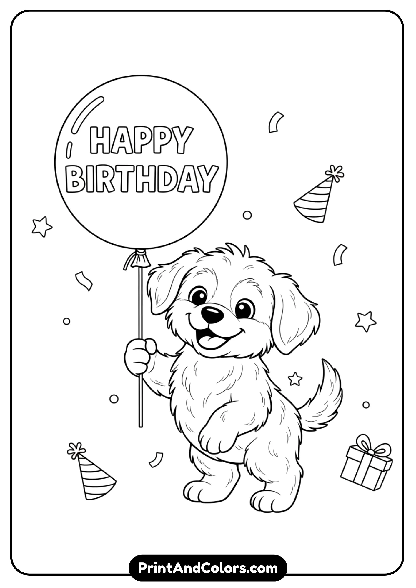 Black and white outline of a cheerful puppy holding a birthday balloon with text 'Happy Birthday.' Designed for coloring fun