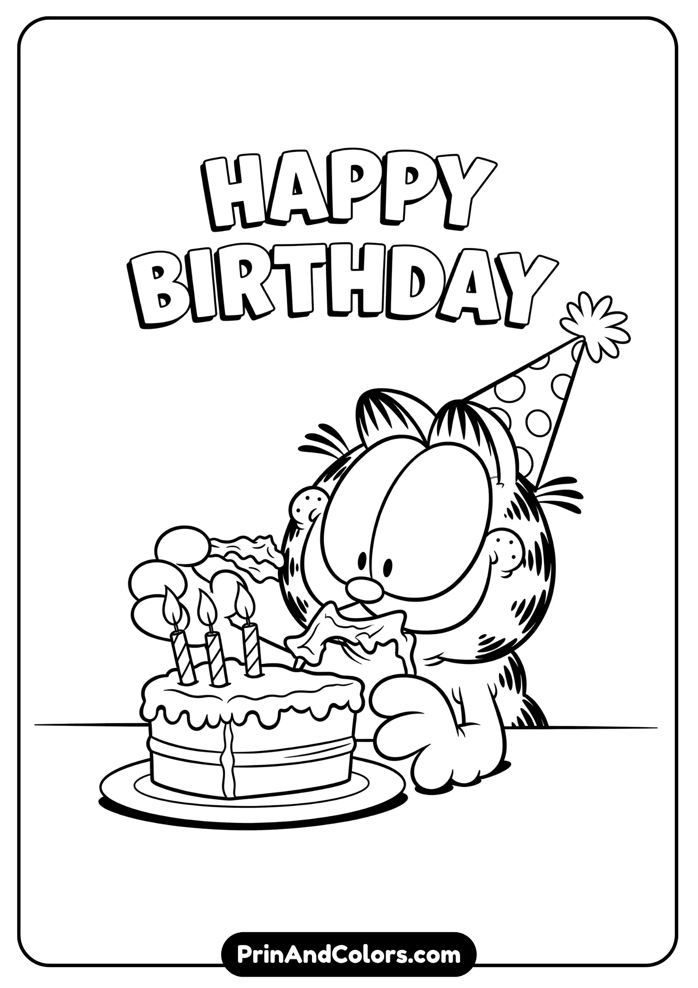 Garfield-style birthday coloring page with cake and funny face.