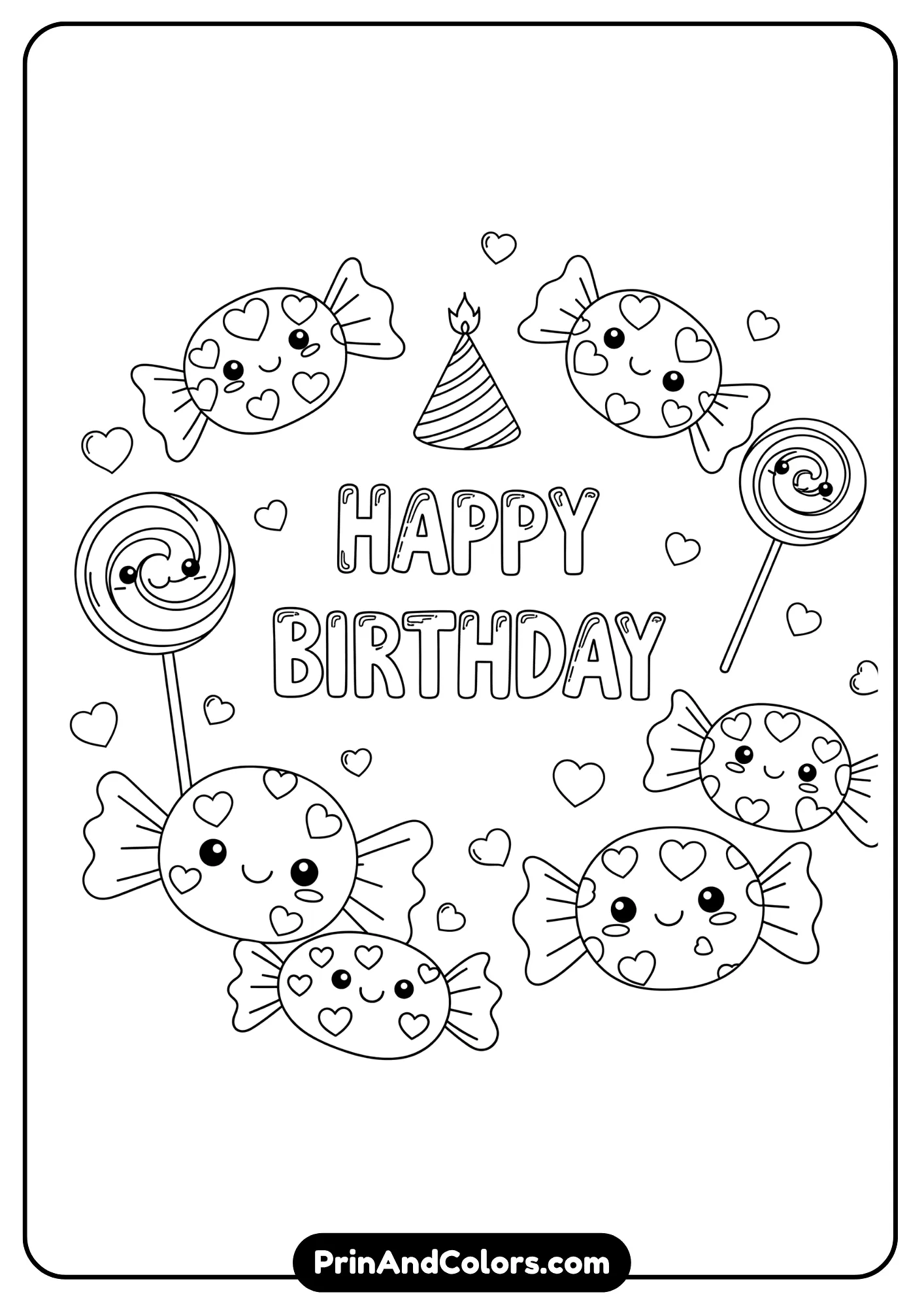 Kawaii candy-themed birthday coloring page with smiling sweets.