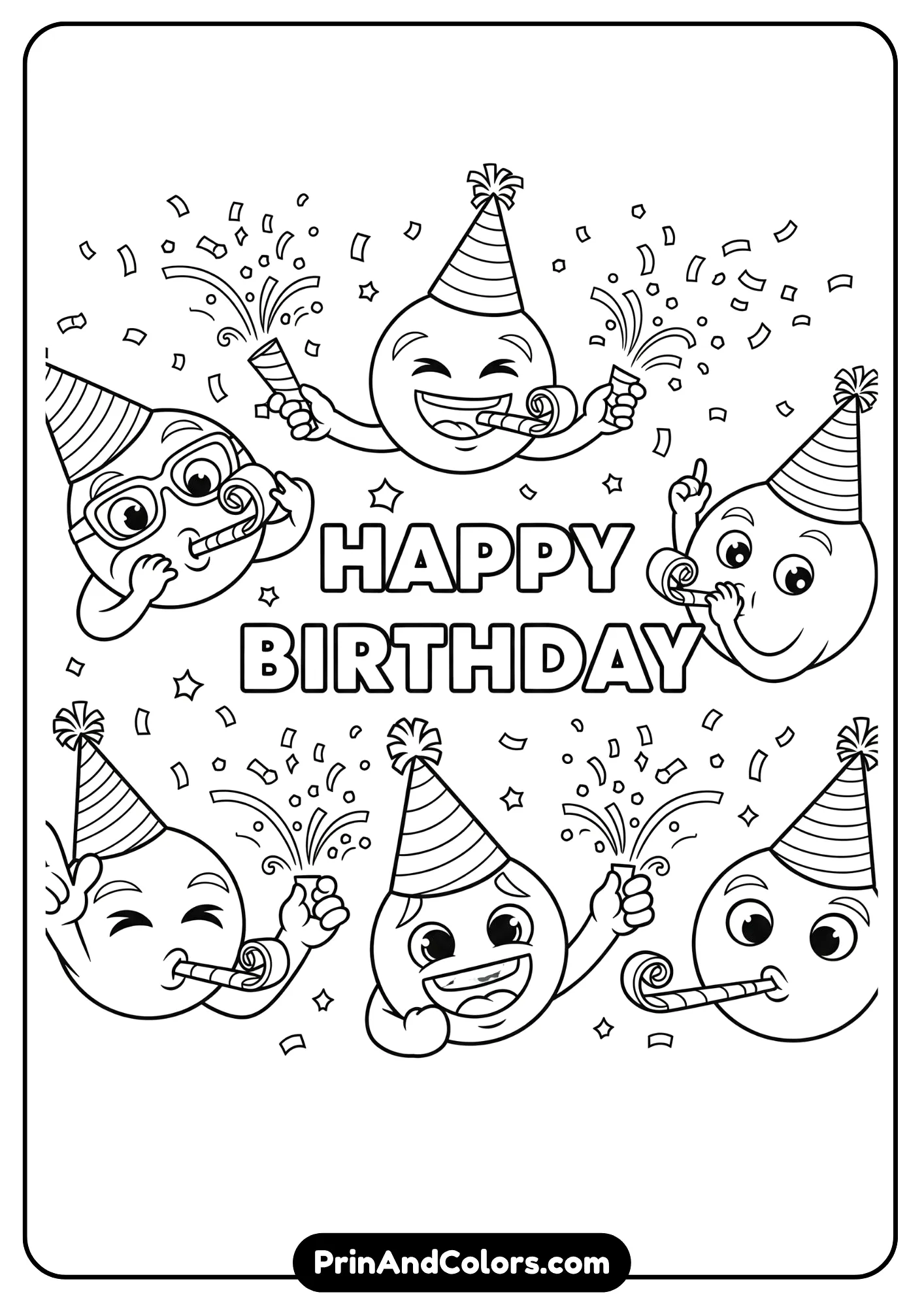 Party emoji birthday coloring page with hats and confetti.