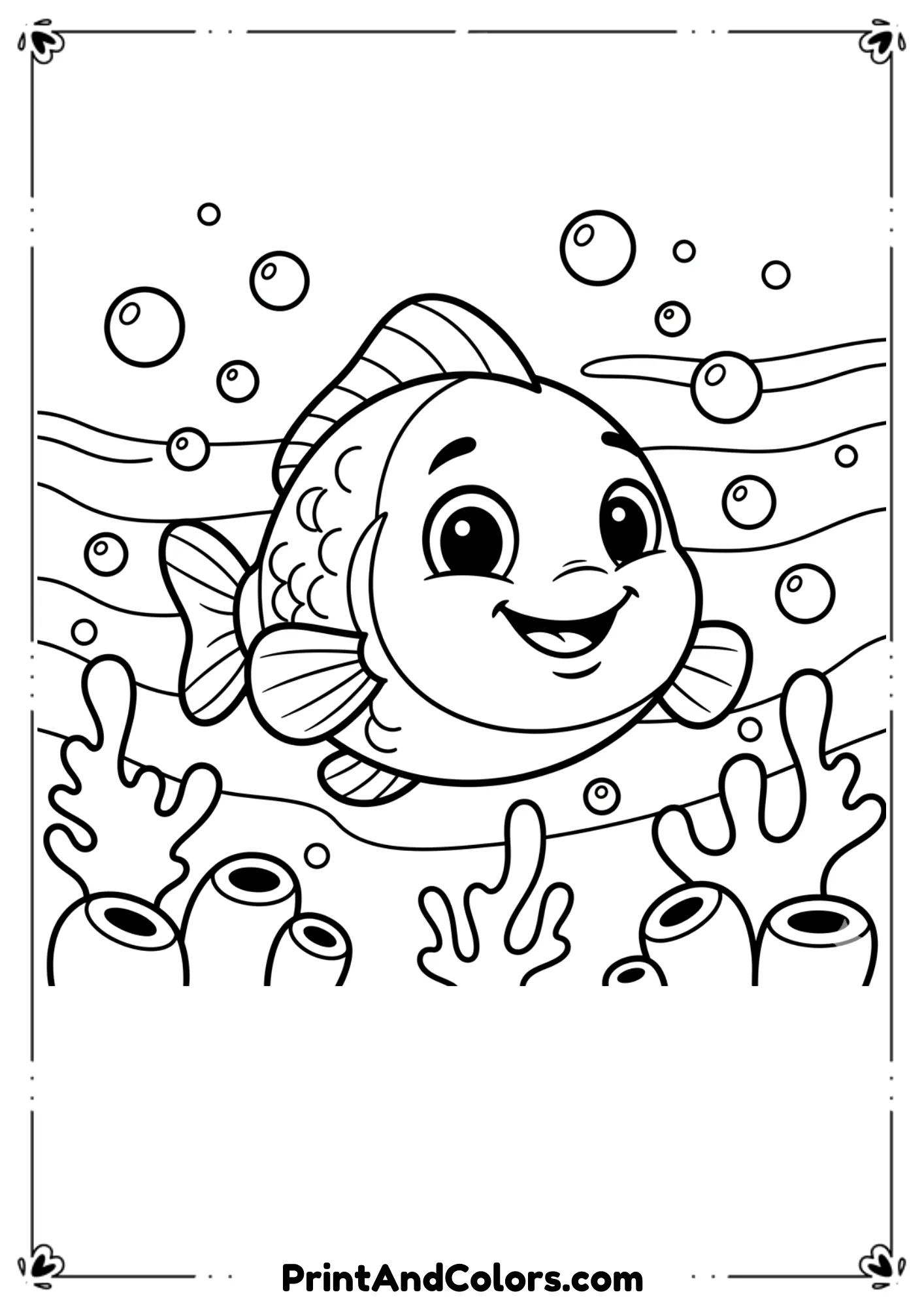 Draw a smiling cartoon fish with rounded fins and big friendly eyes. Add bubbles, wavy water lines, and simple coral shapes. Thick kid-friendly outlines, no shading.