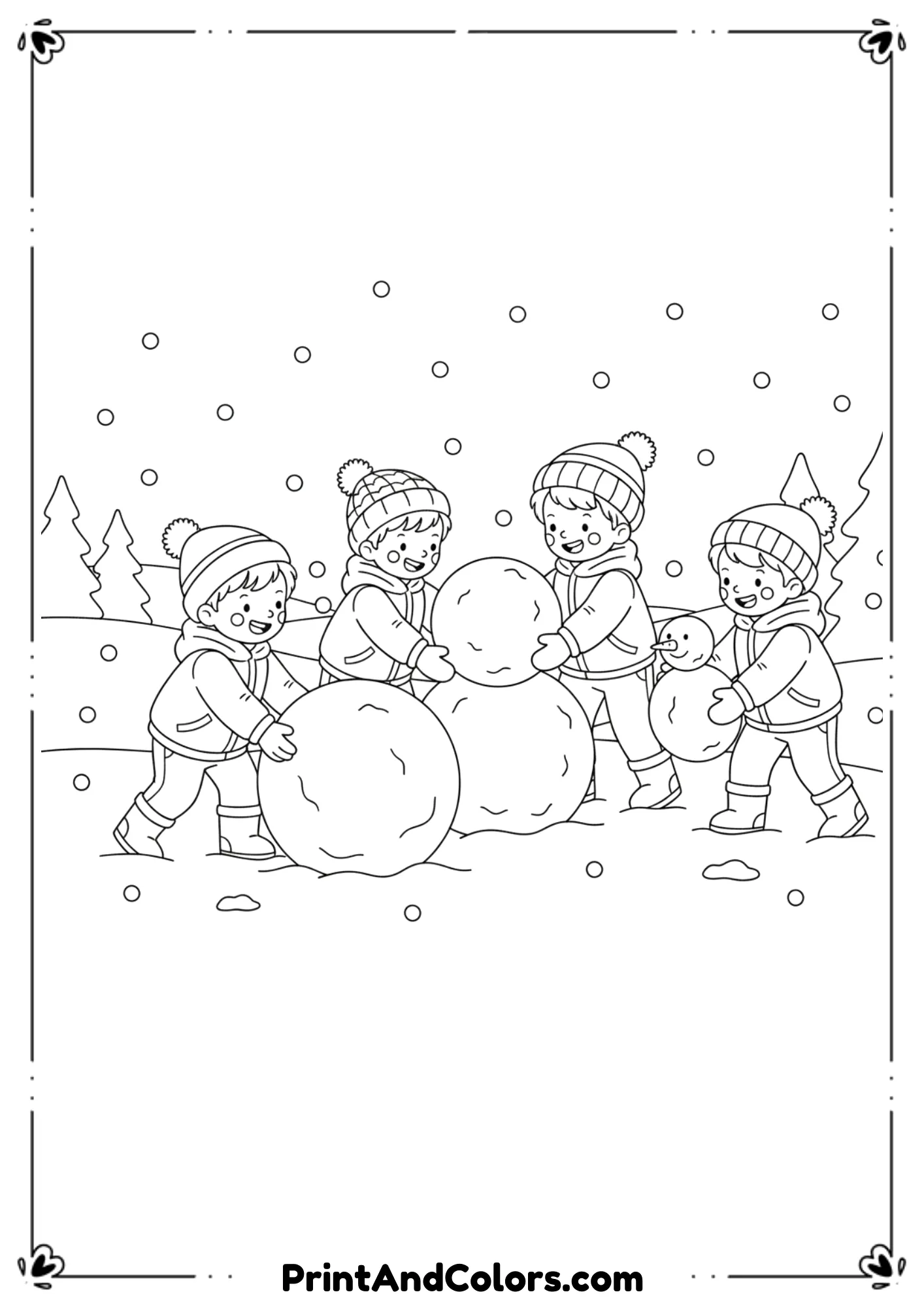 Group of happy kids wearing winter hats and jackets rolling snowballs to build a snowman. Snowflakes falling lightly.

