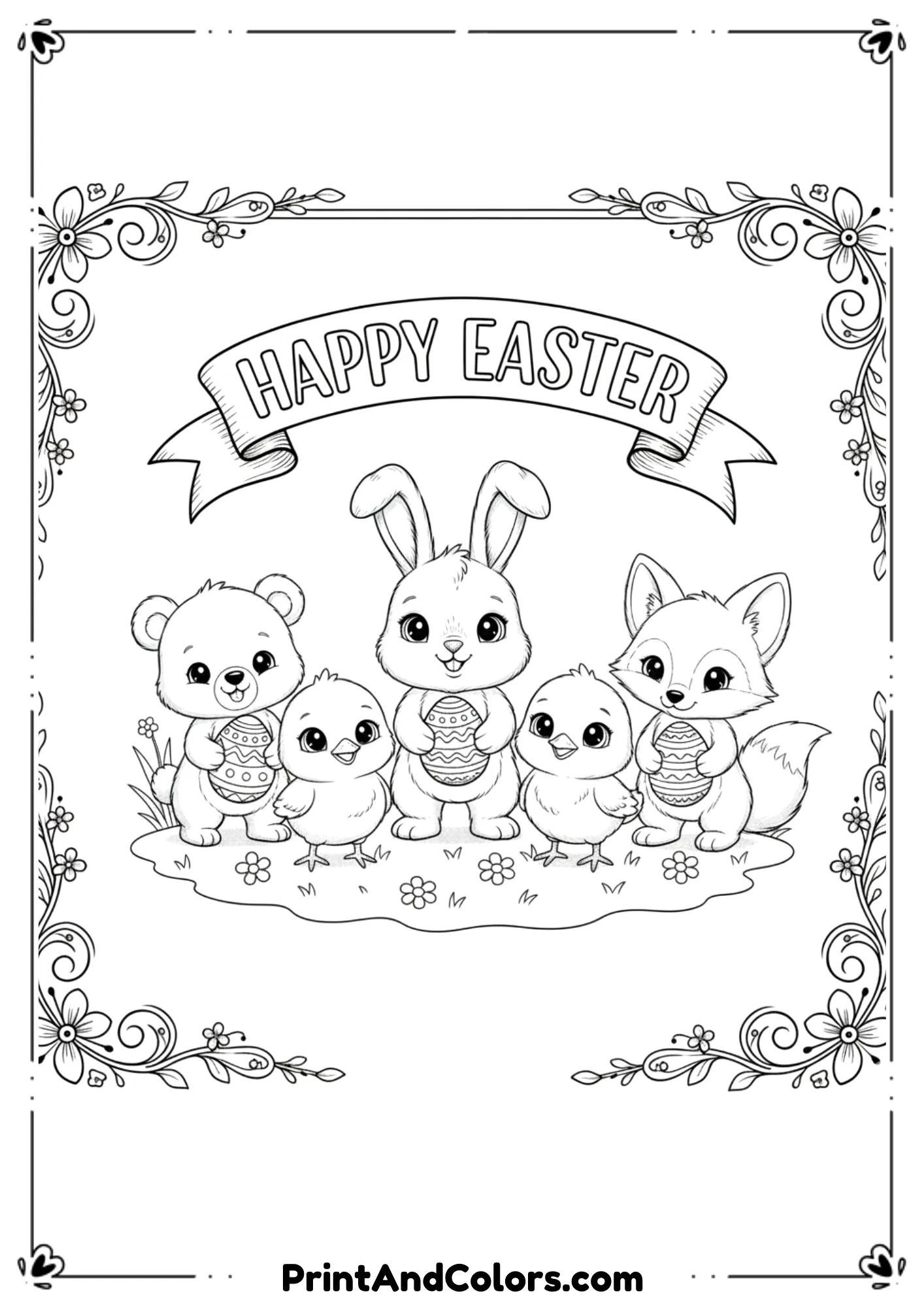 Black and white festive drawing of animals holding Easter eggs with a "Happy Easter" banner.

