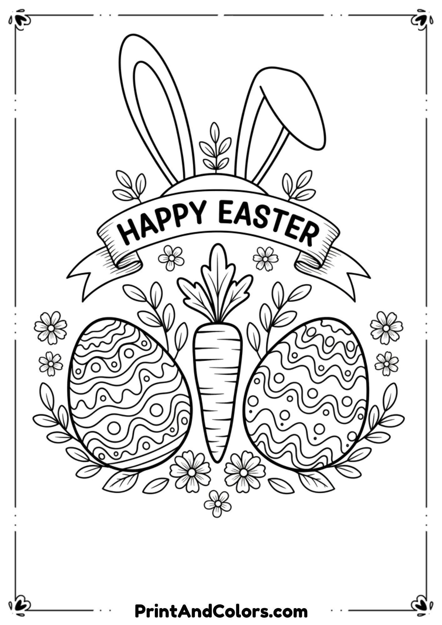  Black and white drawing of Easter bunny ears, eggs, and a carrot arranged with “Happy Easter” text.