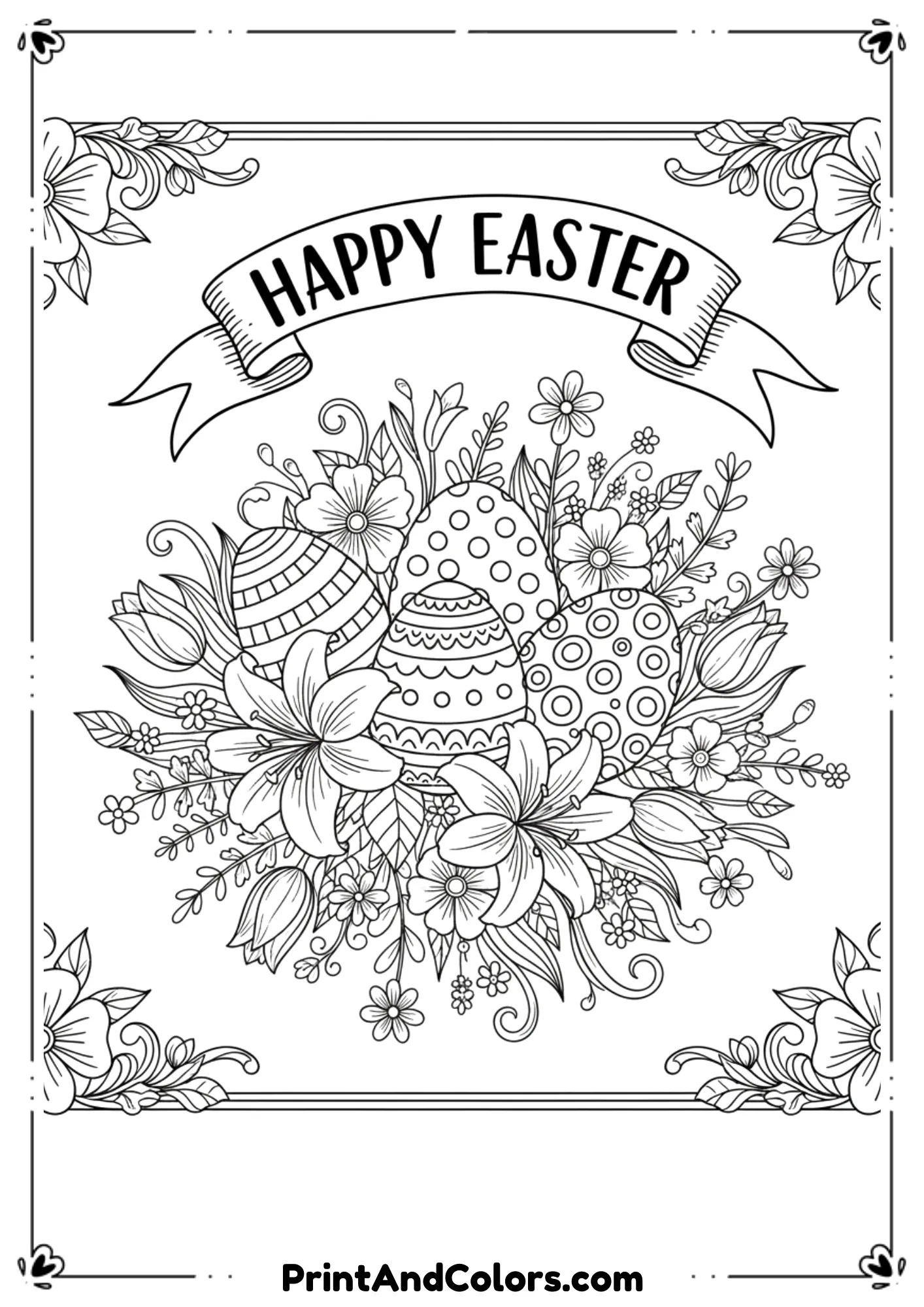  Black and white design with a “Happy Easter” banner, eggs, and flowers.
