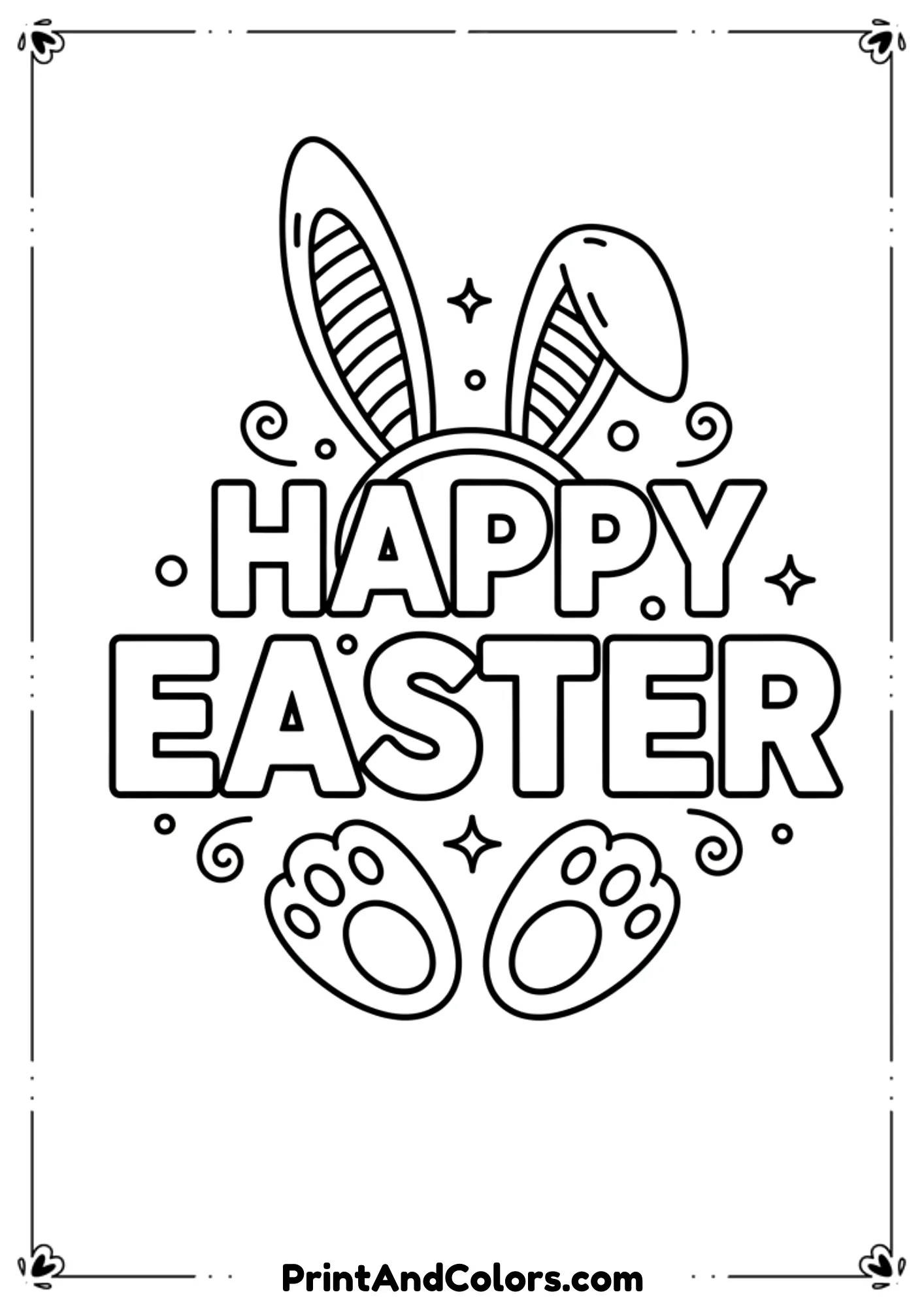 Line art of “Happy Easter” text with bunny ears on top and bunny feet at the bottom.
