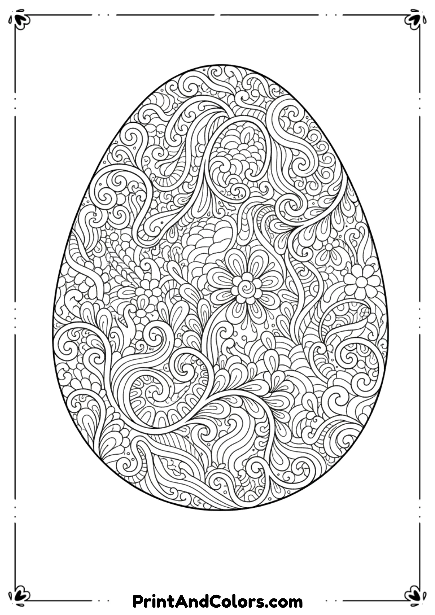 Black and white Easter egg outline with wavy, swirly decorative patterns inside.
