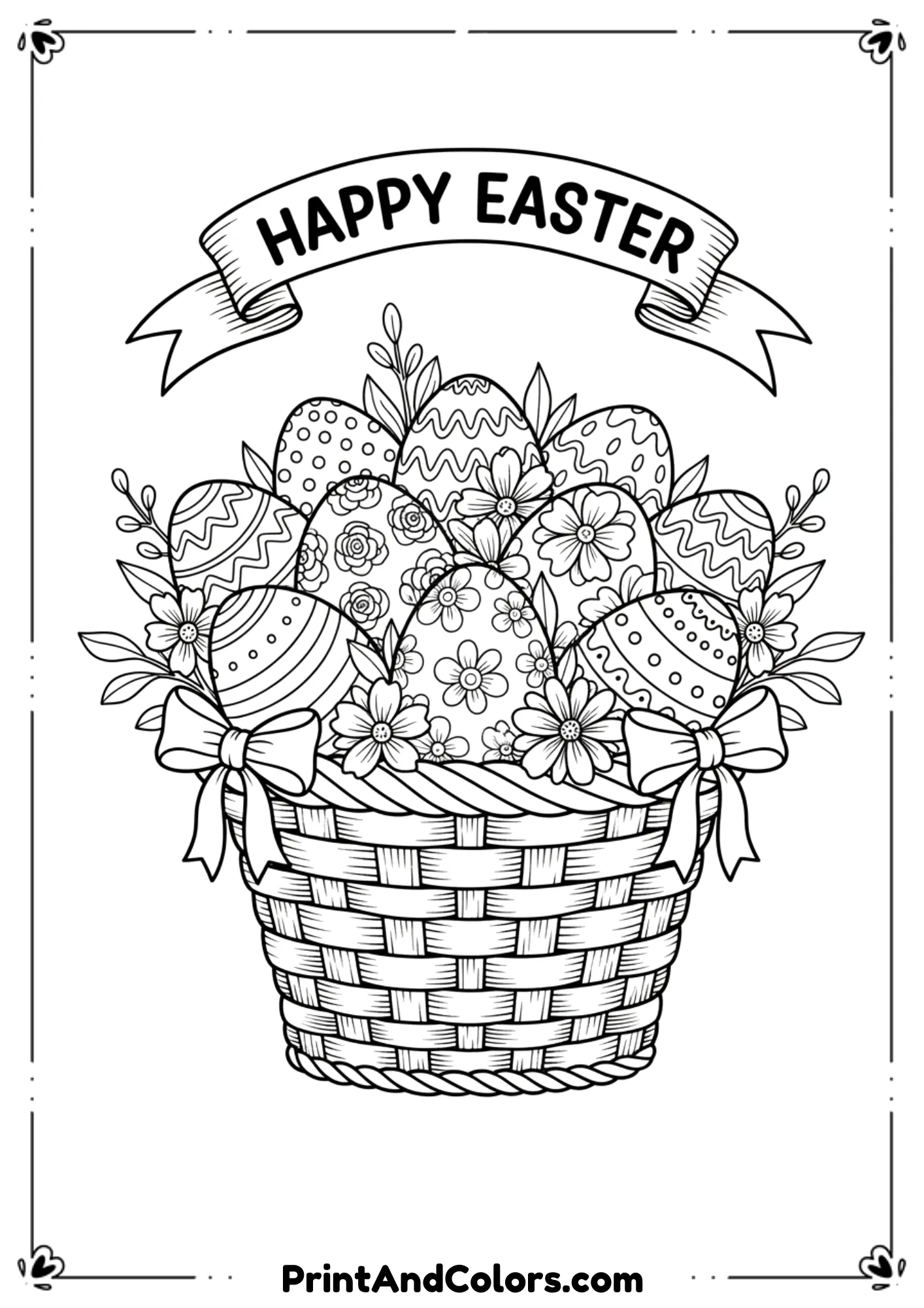 Line art of a basket filled with decorated eggs and a “Happy Easter” banner above it.
