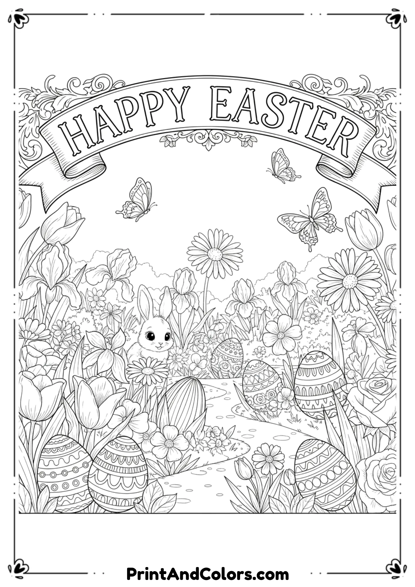 Black and white garden scene with flowers, butterflies, Easter eggs, and “Happy Easter” text.
