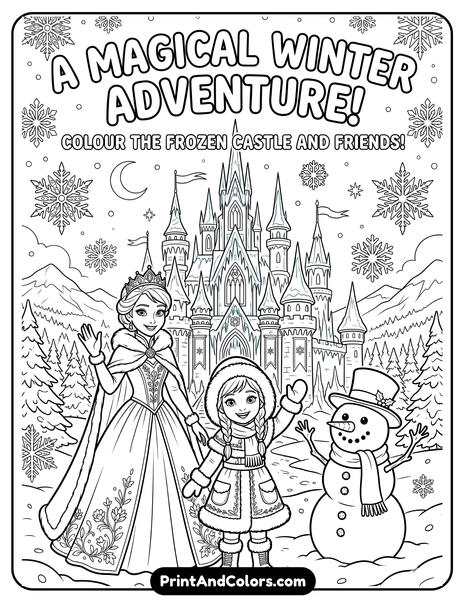 Elsa, Anna, and Olaf standing happily in front of a giant frozen castle, smiling and waving, snowy landscape with decorative snowflakes, detailed winter outfits, black and white printable coloring page with fantasy castle background and clean outlines
