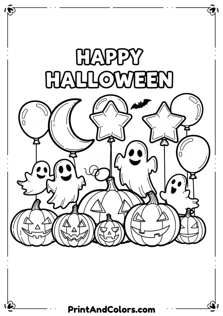 Fun Halloween line art with “Happy Halloween” text, balloons, pumpkins, and smiling ghosts.
