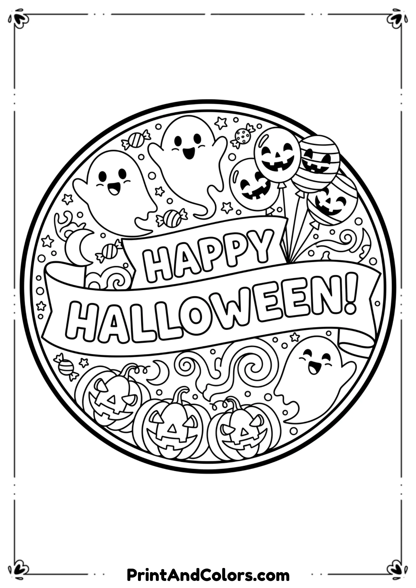 Fun Halloween line art with “Happy Halloween” text, balloons, pumpkins, and smiling ghosts.
