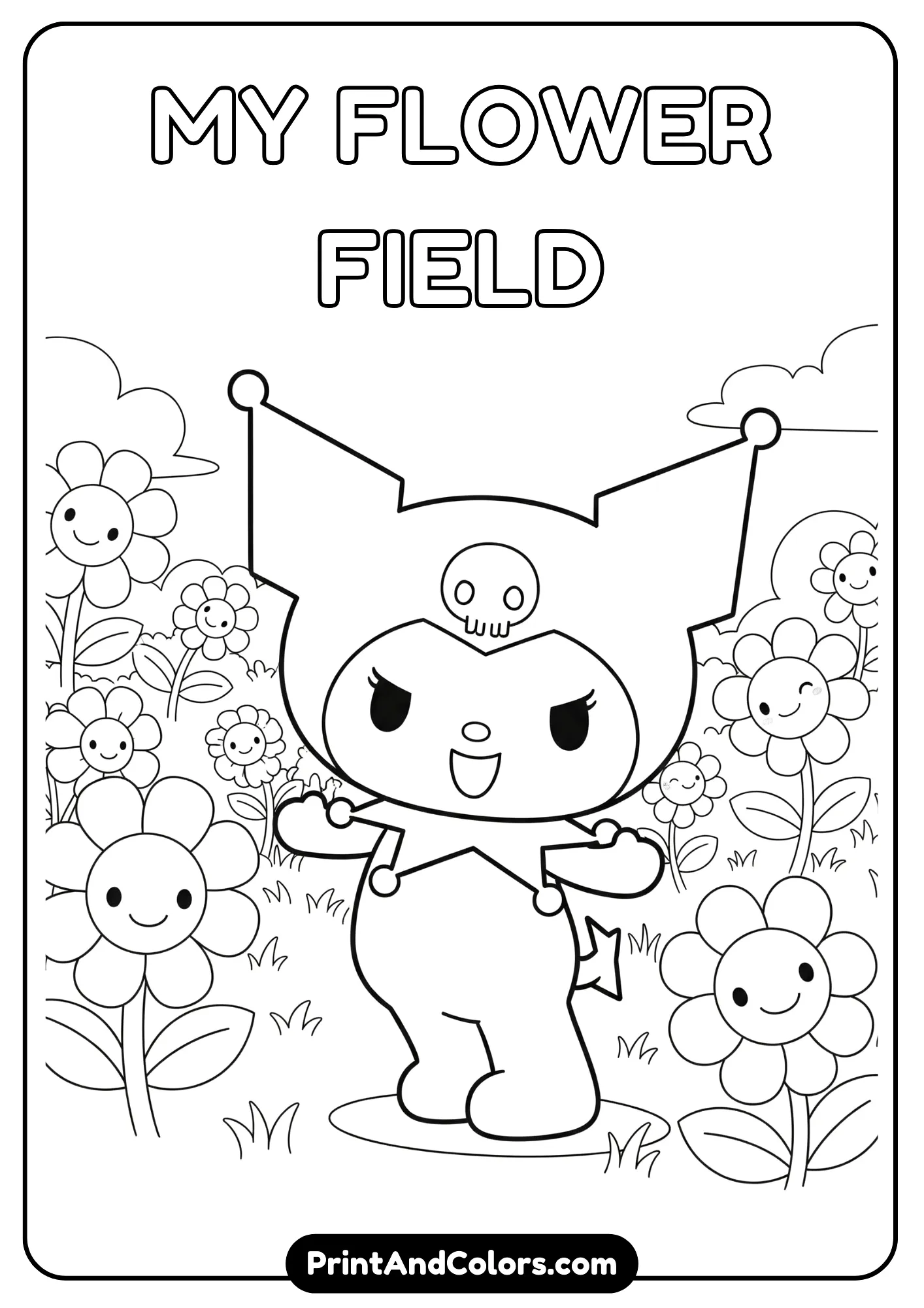 Kuromi smiling while standing in a field of simple flowers, kawaii outlines, cheerful Sanrio coloring style