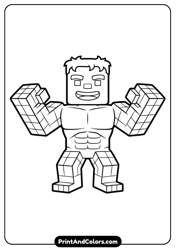 Minecraft-style blocky Hulk smiling, pixelated body, square head, standing with fists raised, clean block outlines, no shading.
