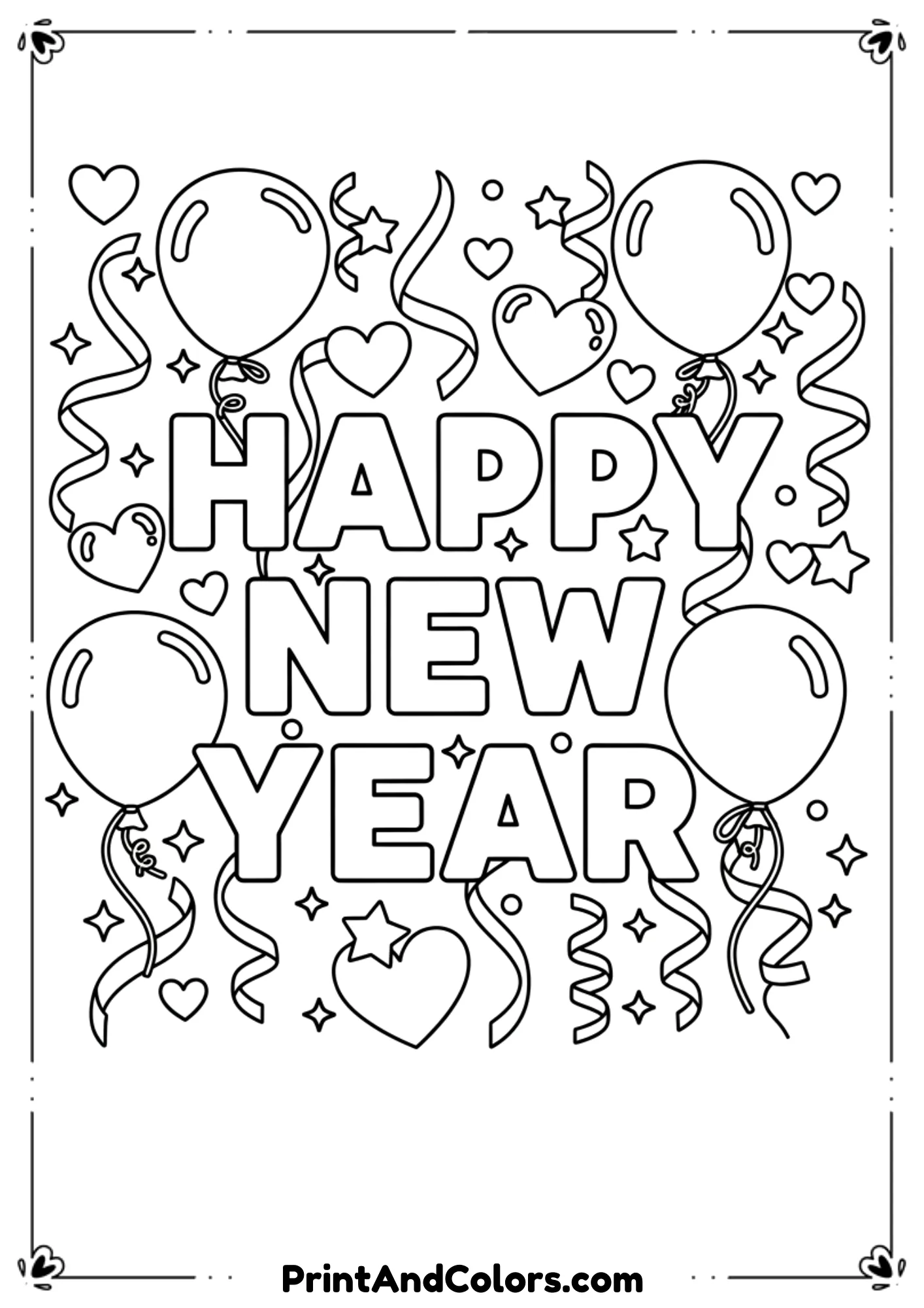 Black and white illustration featuring “Happy New Year” text surrounded by balloons, love hearts, stars, and ribbons. Bold outlines, balanced layout, easy-to-color printable page.
