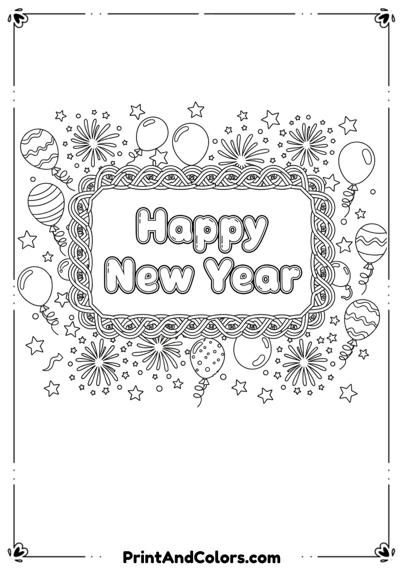  Create a black and white line art greeting card style coloring page with “Happy New Year” written in decorative lettering at the center. Surround the text with borders, stars, fireworks, balloons, and confetti. Clean bold outlines, no shading or gray tones, balanced layout suitable for printing and folding as a greeting card.
