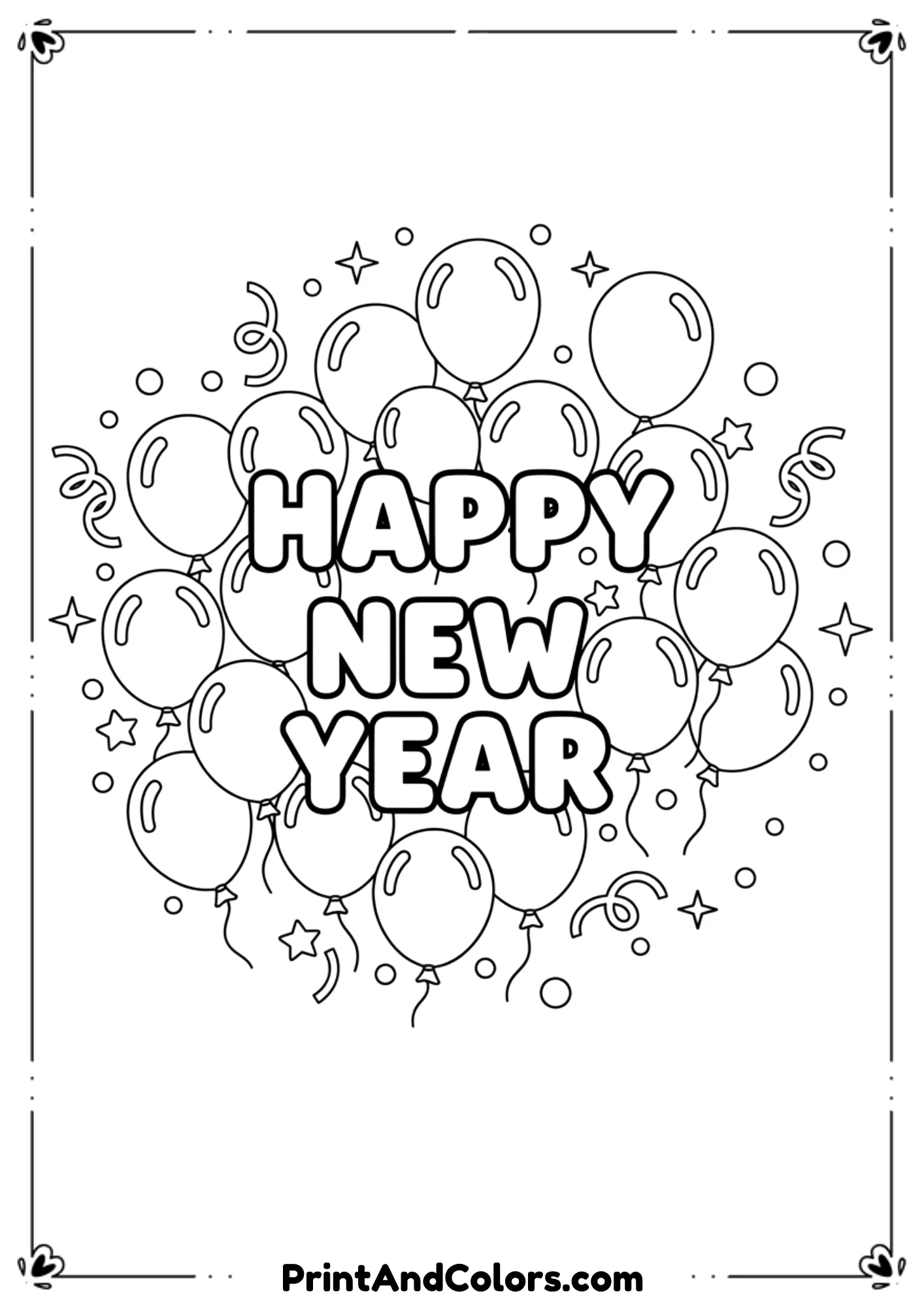  Black and white line art featuring “Happy New Year” text surrounded by floating balloons, falling confetti, streamers, and stars. Simple composition, thick outlines, no gray shading, perfect for printable coloring sheets.
