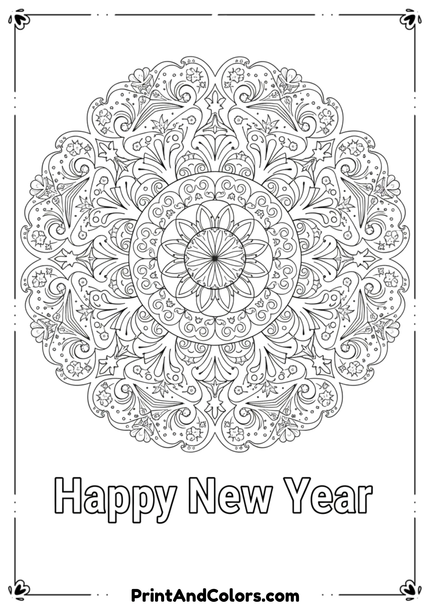 Intricate black and white mandala design at the top with symmetrical festive patterns, stars, and fireworks elements, and “Happy New Year” text written clearly below. Clean line art, no shading, suitable for relaxing adult and teen coloring.
