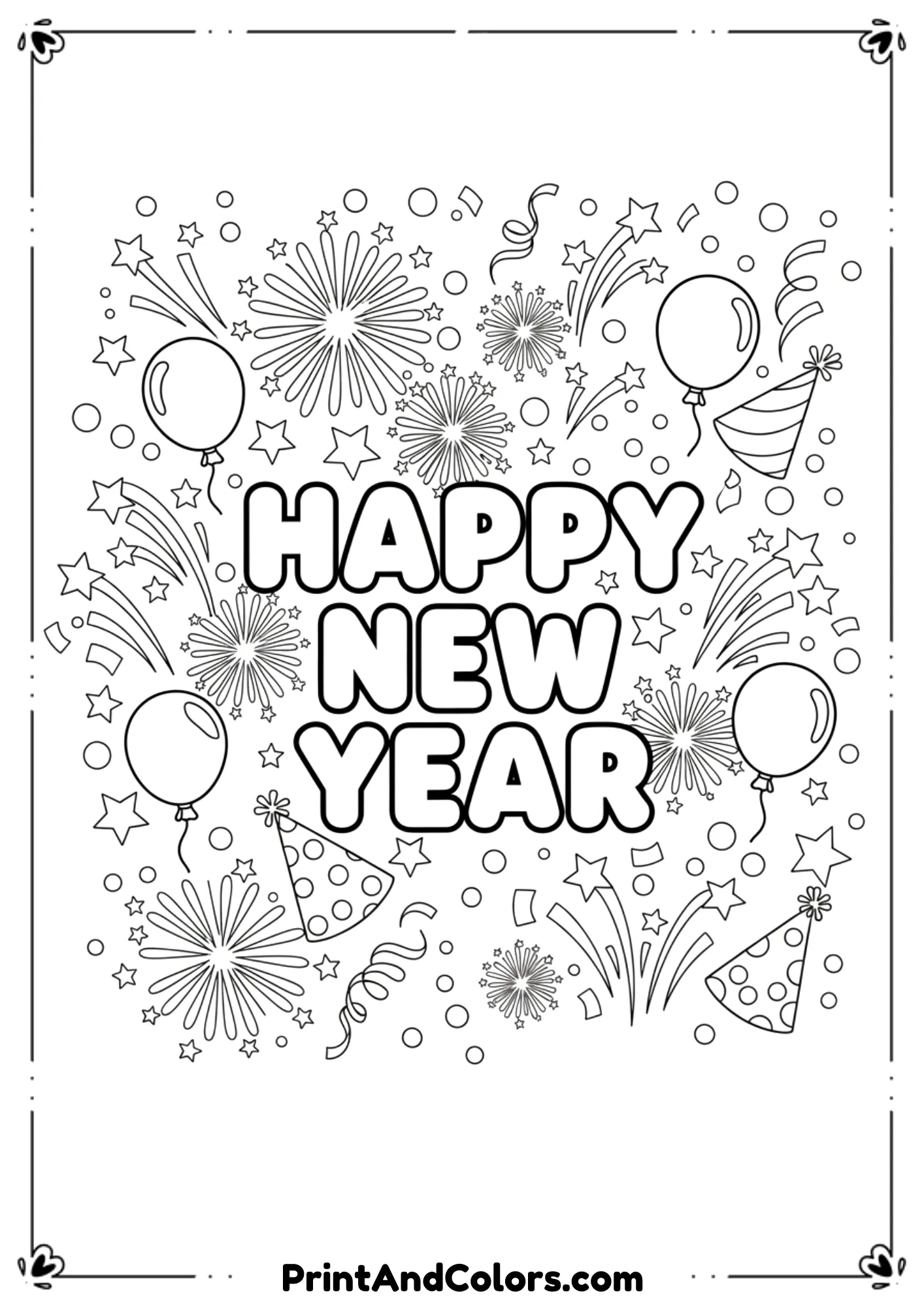 Create a black and white line art coloring page featuring large “Happy New Year” lettering surrounded by festive elements such as fireworks, balloons, confetti, stars, ribbons, and party hats. Use bold, clean outlines, no shading or grayscale, and a white background suitable for printable coloring pages.
