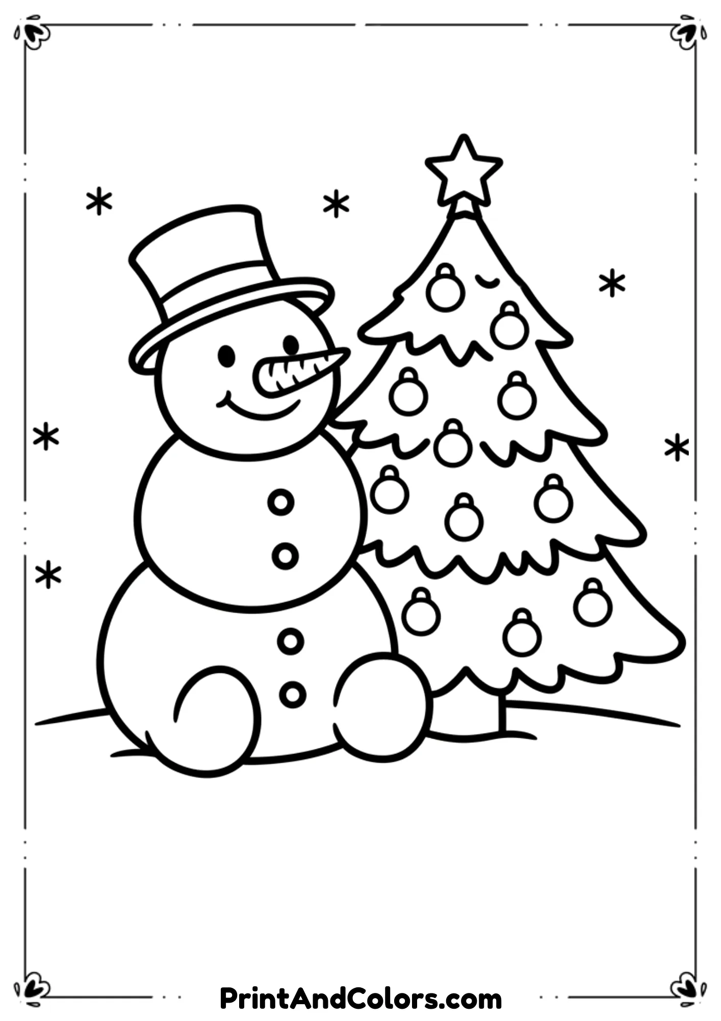 Smiling snowman sitting beside a decorated Christmas tree with ornaments. Snowy ground and easy-to-color outline style.

