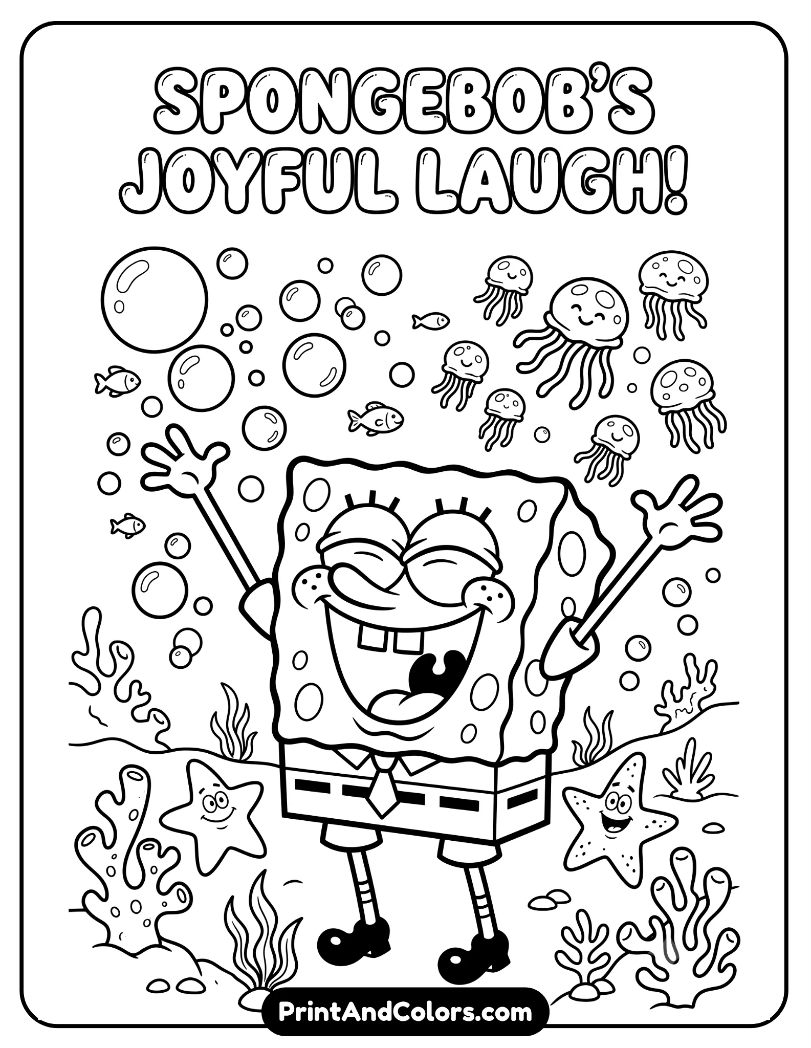 Black and white coloring page of SpongeBob laughing joyfully with raised arms, cheerful underwater scene with bubbles and jellyfish, simple cartoon background, bold outlines and printable line art style for children