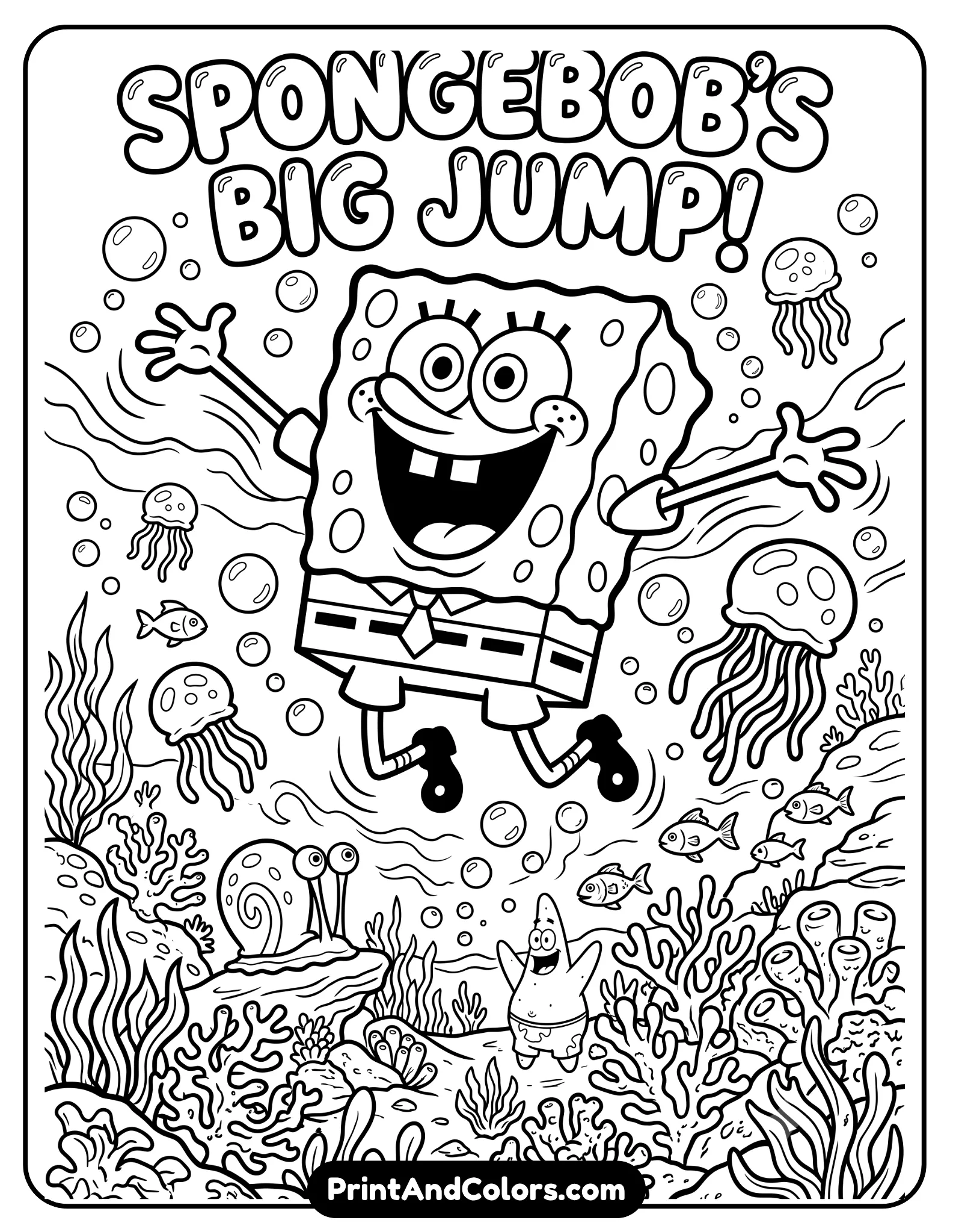 Detailed black and white coloring page of SpongeBob jumping high in the air with excitement, wide smile and stretched arms, underwater scenery with bubbles, jellyfish, and coral reefs, energetic cartoon line art with thick printable outlines