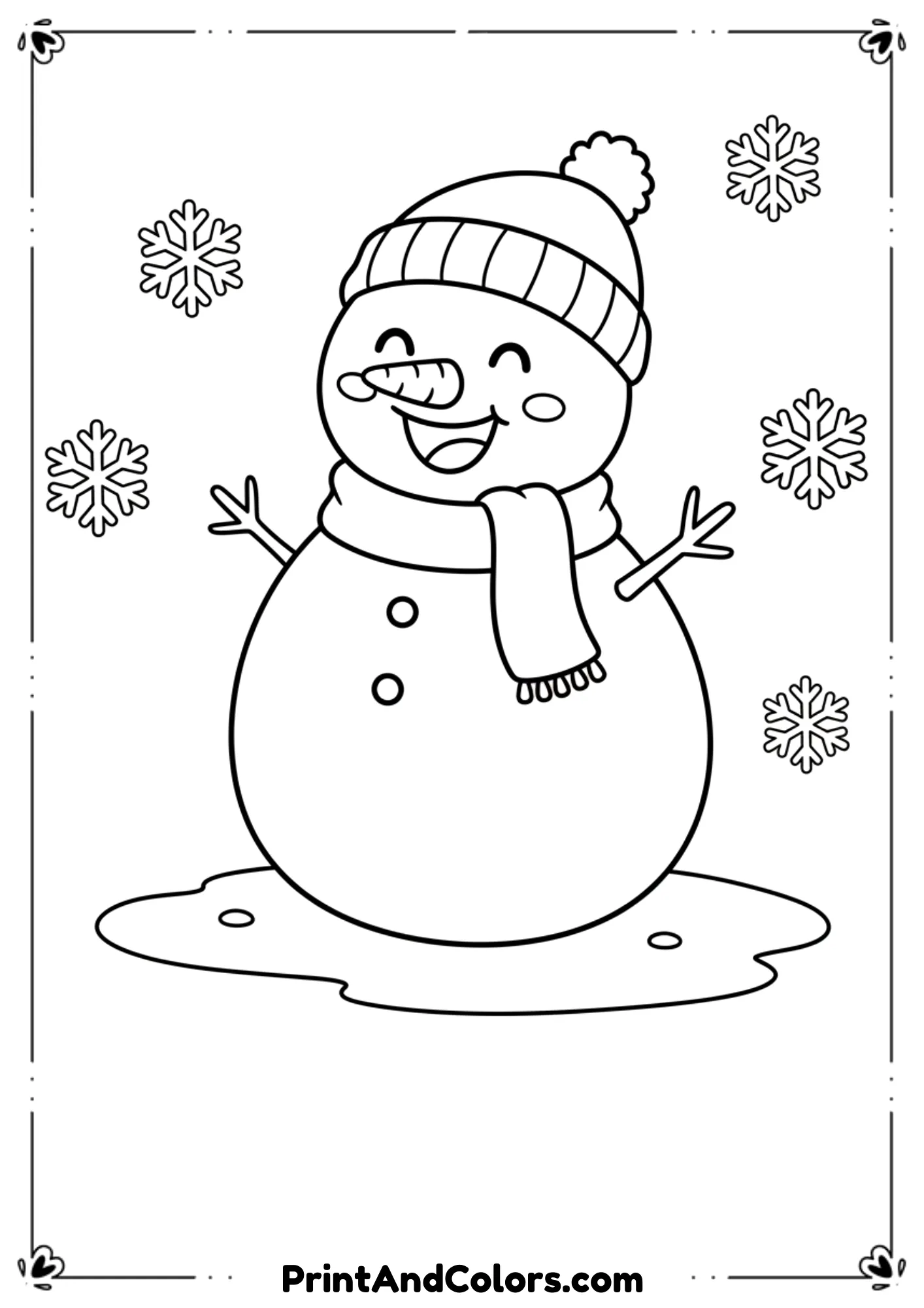 Small-sized snowman with big joyful smile, tiny hat, and round belly. Simple snowflakes around.

