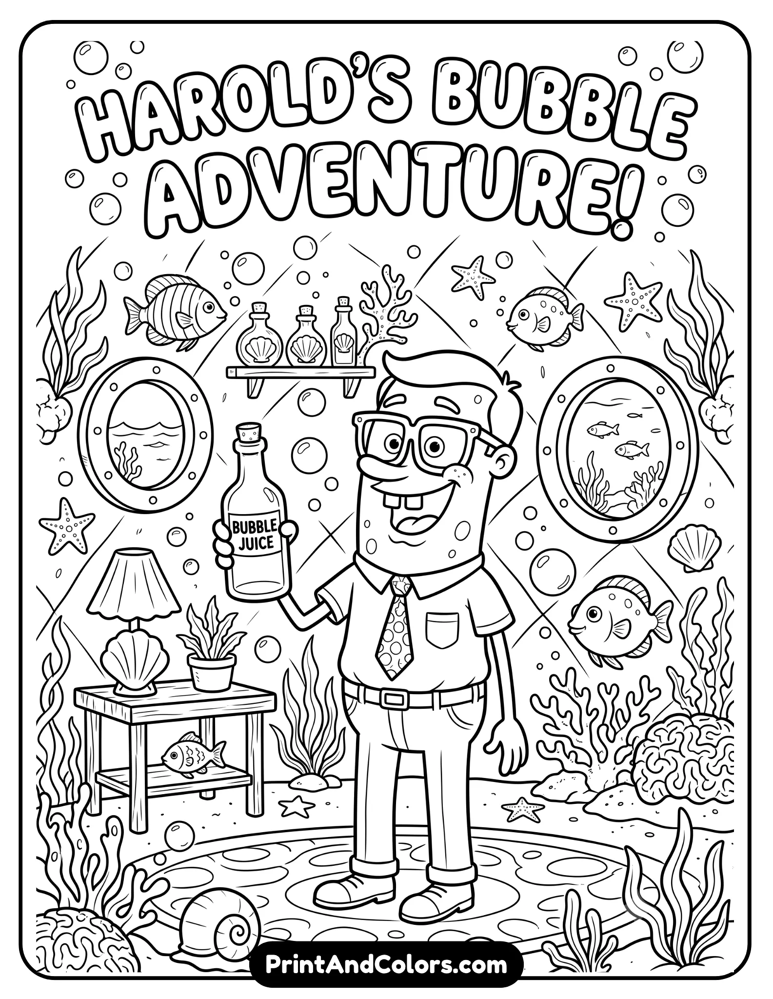 Detailed black and white coloring page of Harold SquarePants holding a bottle with cheerful expression, cartoon underwater home setting, bubbles and sea decorations around him, clean printable line art for coloring activities.