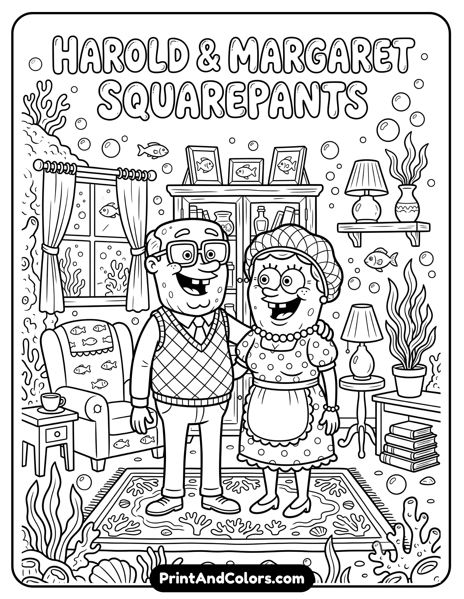 Printable black and white coloring page featuring Harold and Margaret SquarePants smiling together, underwater family setting with furniture and bubbles, clean cartoon outlines, detailed but kid-friendly line art style