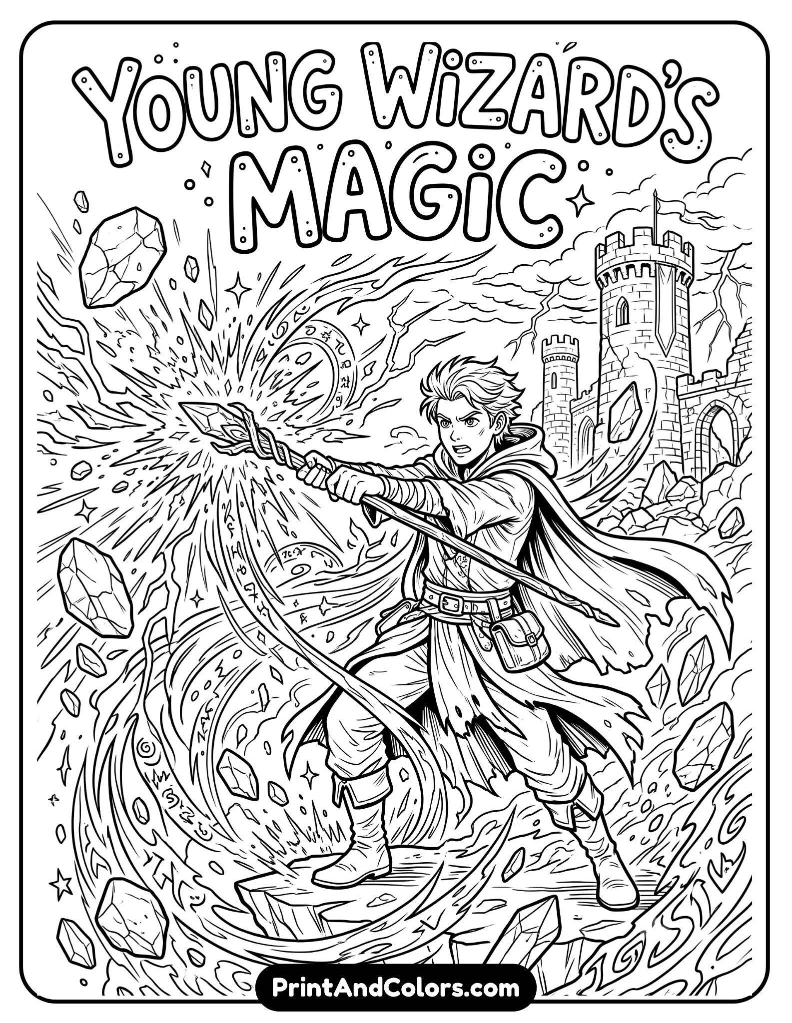 Action-packed black and white coloring page of a young wizard dramatically casting a spell while magical sparks explode around him. Include swirling energy waves, lightning effects, floating rocks, and castle ruins in the background. Dynamic printable fantasy line art with detailed magical motion effects