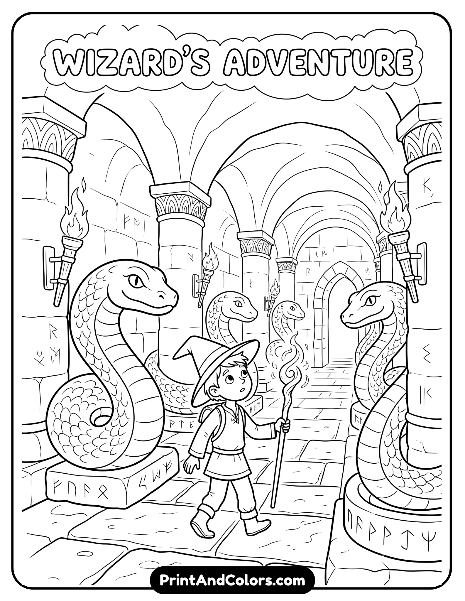 Dark fantasy black and white poster-style coloring page showing a young wizard exploring a mysterious underground chamber with giant serpent statues, torches, stone pillars, and magical energy. Dramatic printable line art with intricate fantasy details and gothic atmosphere