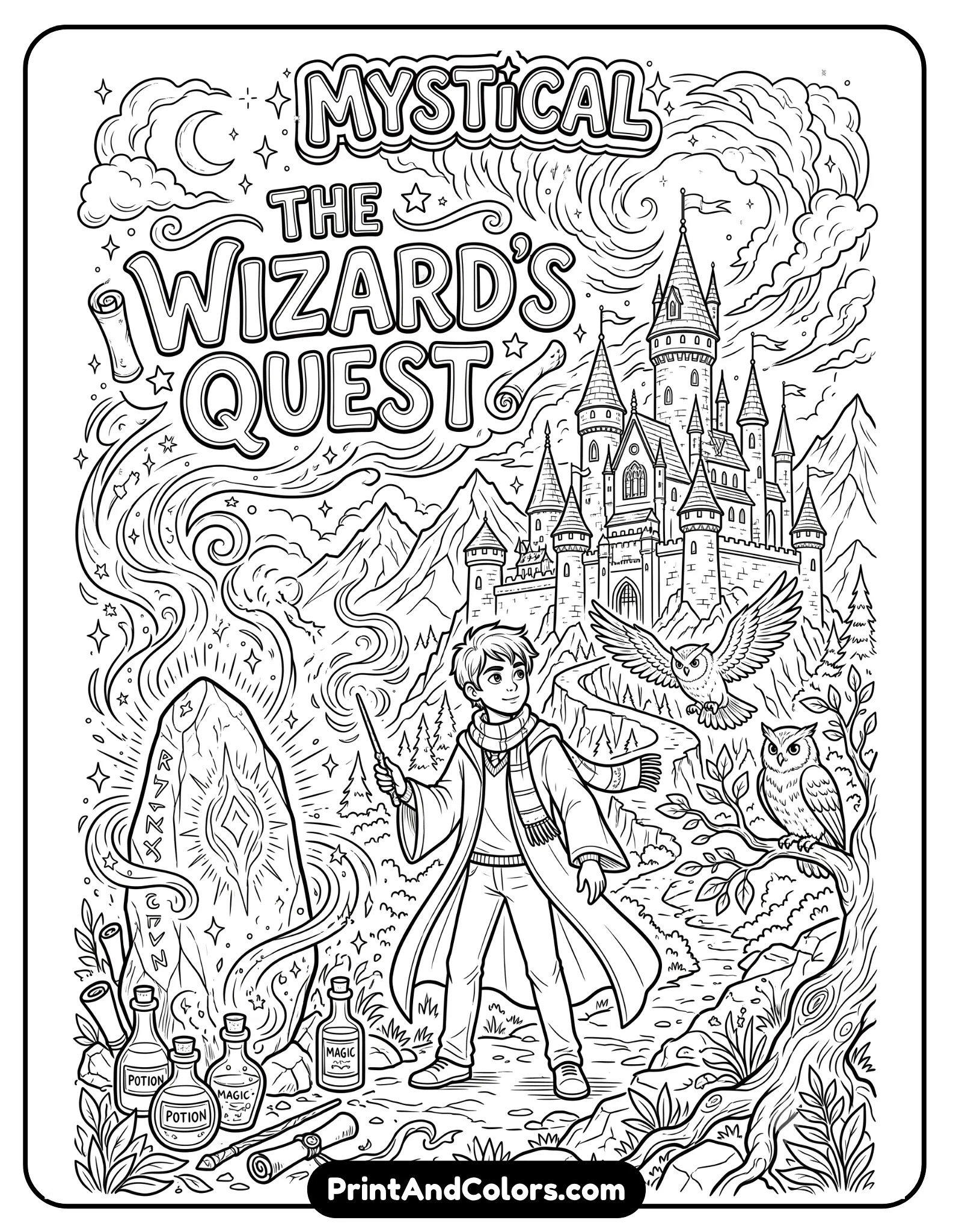 Detailed black and white fantasy movie-poster-style coloring page featuring a young wizard with wand standing before a magical castle and mystical glowing stone. Include owls, stars, potion bottles, swirling magic, and dramatic clouds. Printable poster-style line art with cinematic fantasy composition