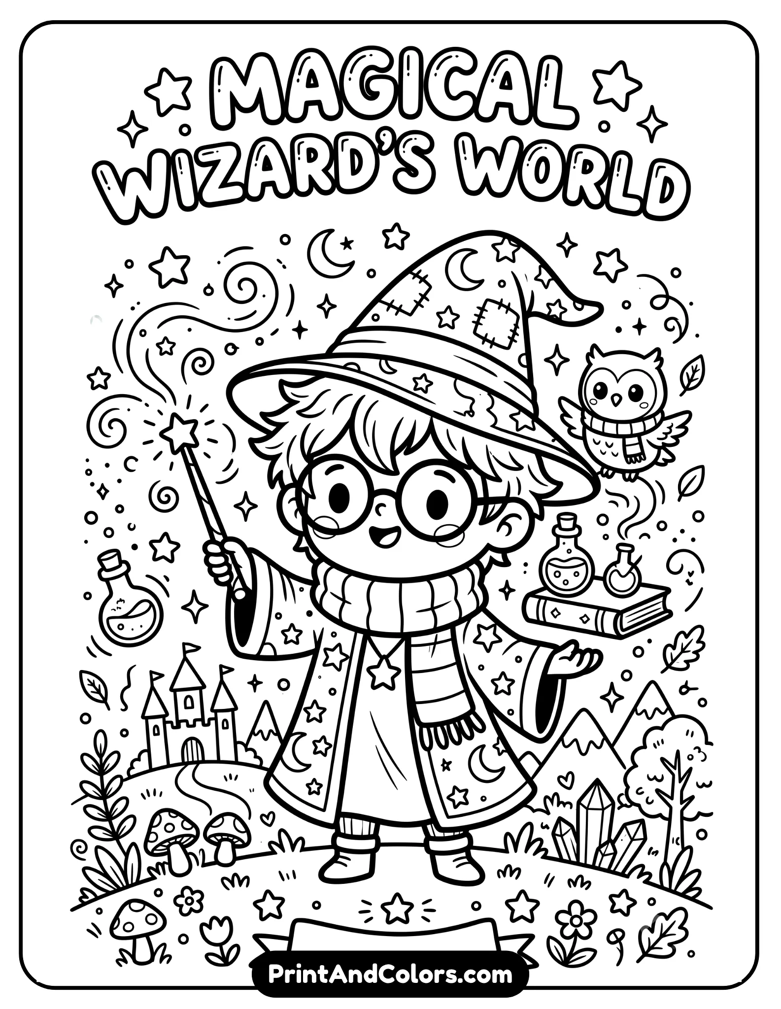 Cute chibi-style black and white coloring page of a small wizard character with oversized glasses, messy hair, scarf, and wand. Include stars, magical sparkles, tiny owl companion, and playful fantasy decorations. Bold clean outlines, adorable printable coloring page style for kids