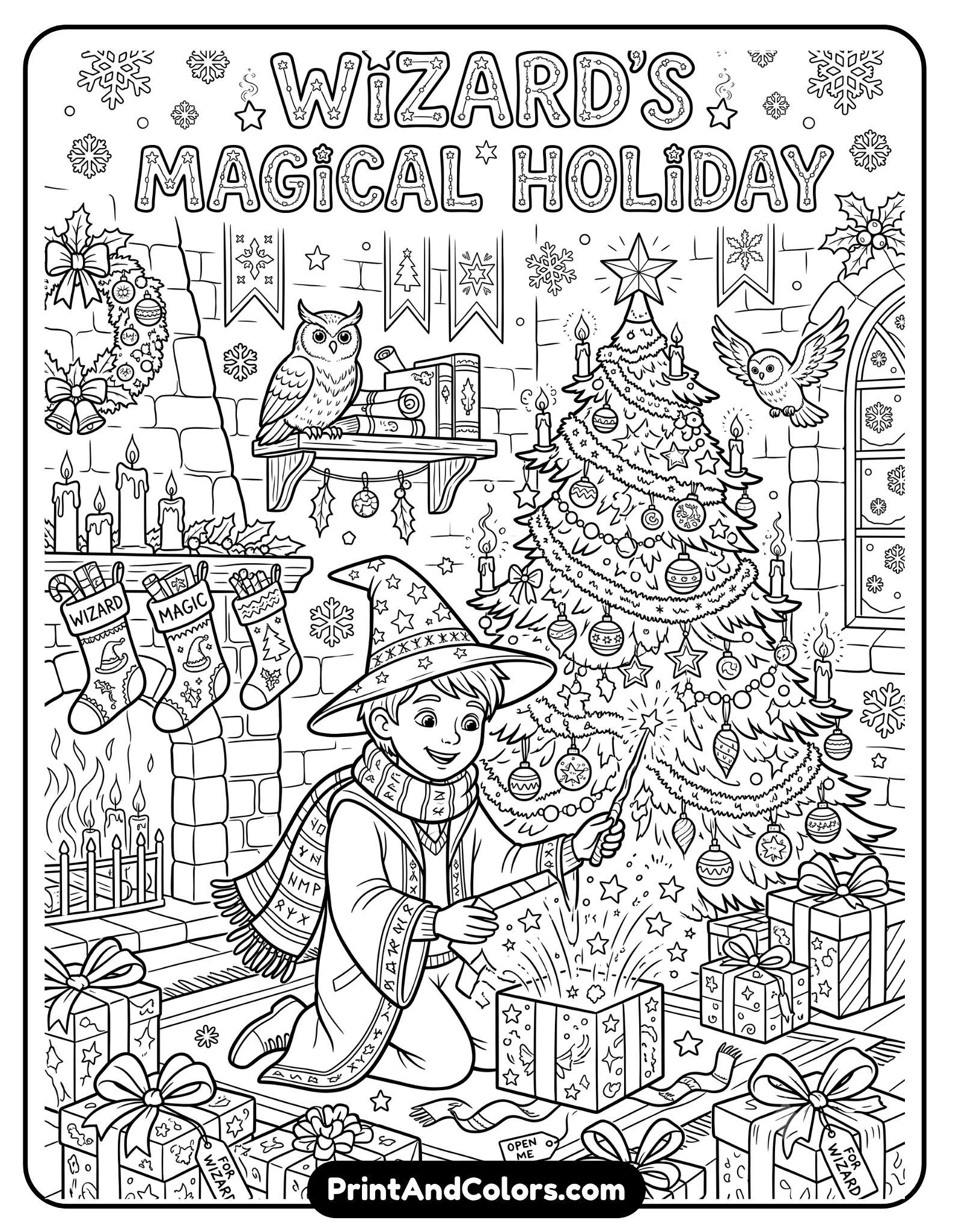 Festive black and white coloring page of a young wizard wearing a winter scarf and opening magical holiday gifts near a decorated Christmas tree. Include snowflakes, owls, candles, stockings, wrapped presents, and castle holiday decorations. Detailed printable fantasy Christmas coloring sheet style