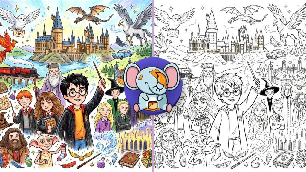 Magical Hogwarts-inspired illustration with wizard characters, fantasy castle, magical creatures, spells, broomsticks, owl, dragon, and enchanted scenery.