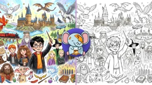 Magical Hogwarts-inspired illustration with wizard characters, fantasy castle, magical creatures, spells, broomsticks, owl, dragon, and enchanted scenery.